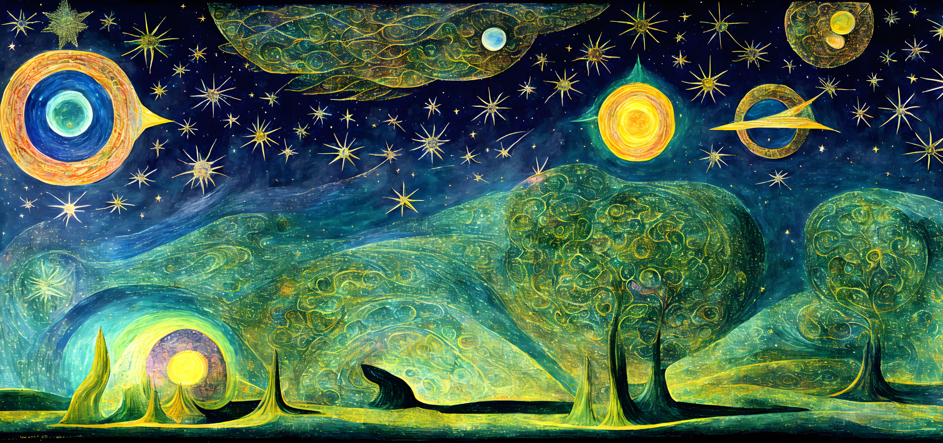 Colorful landscape painting with whimsical trees, starry sky, planets, moon, and galaxy