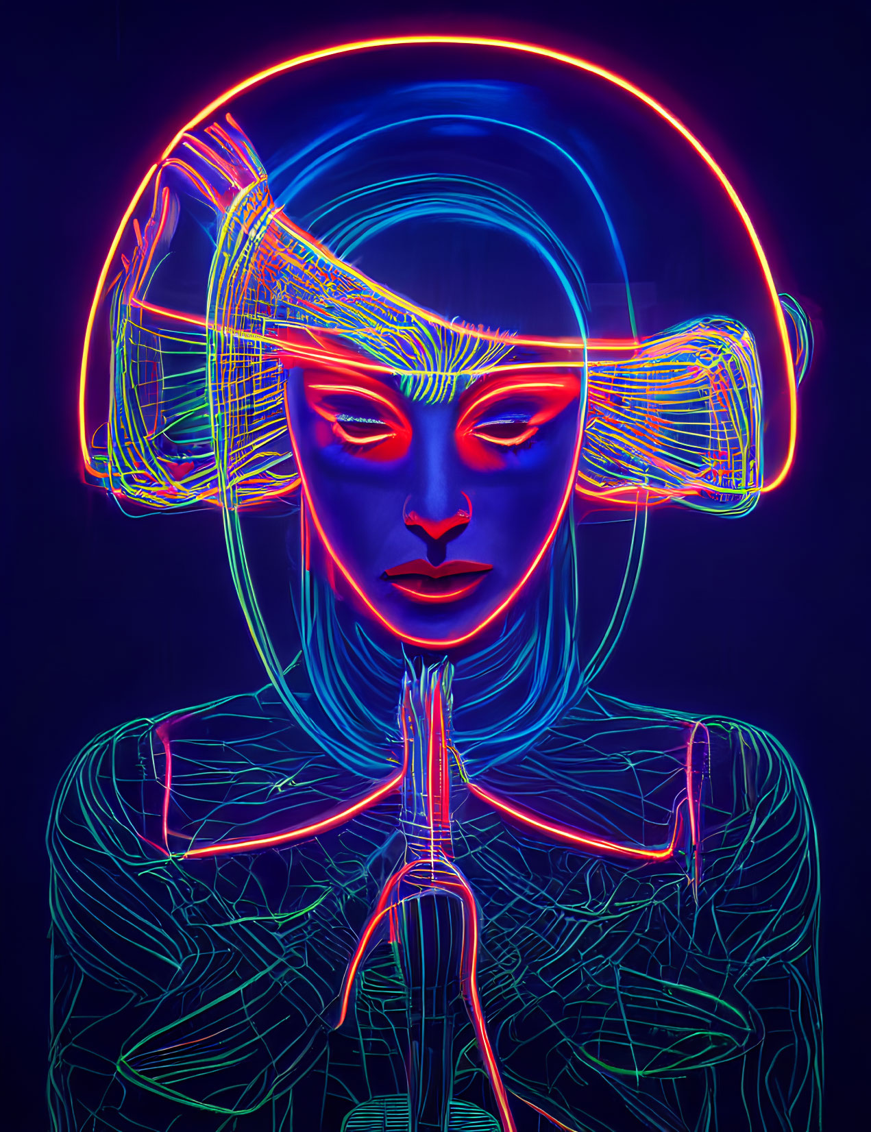 Digital artwork: Neon-lit female figure with glowing lines on dark background