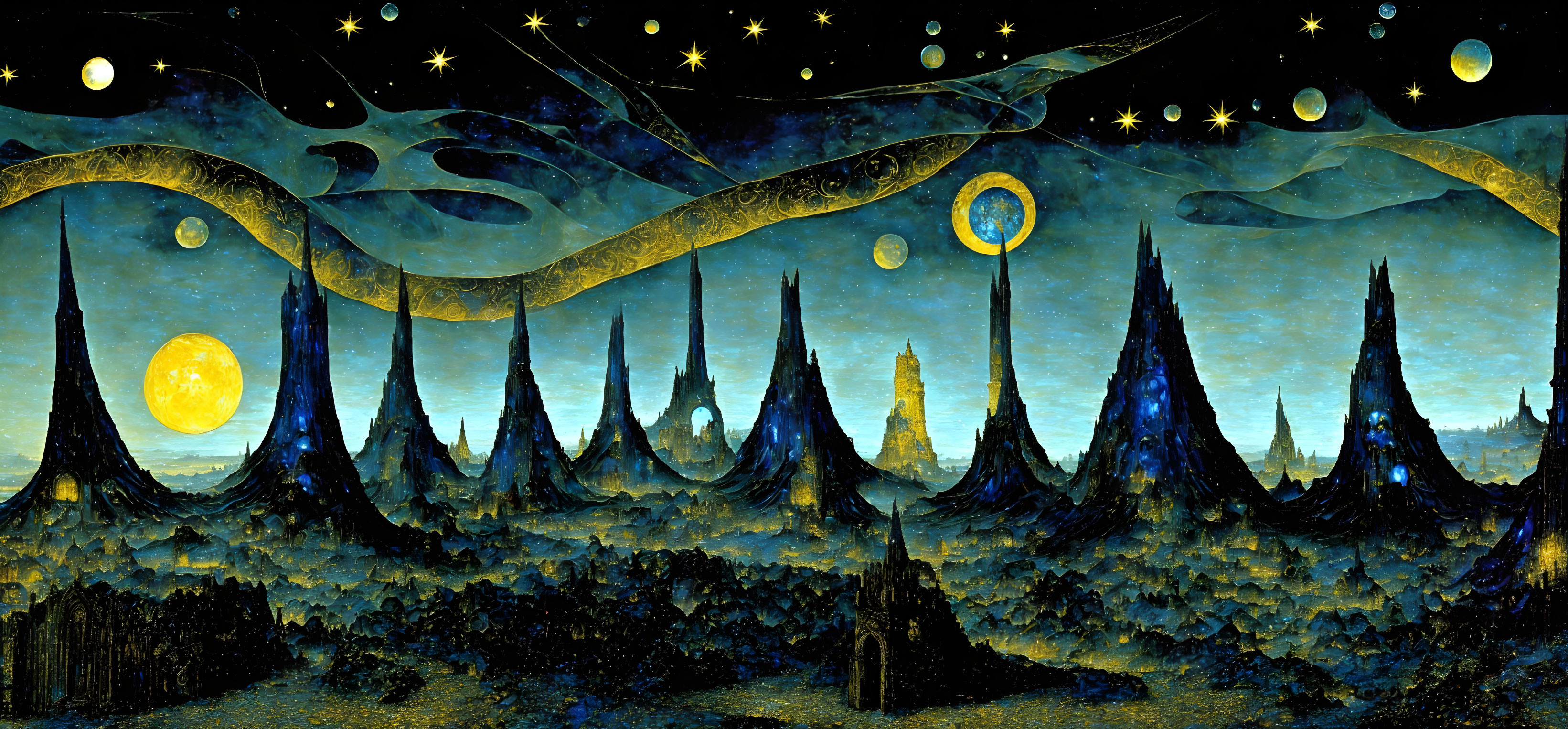 Fantastical surreal landscape with spire-like structures under starry night sky