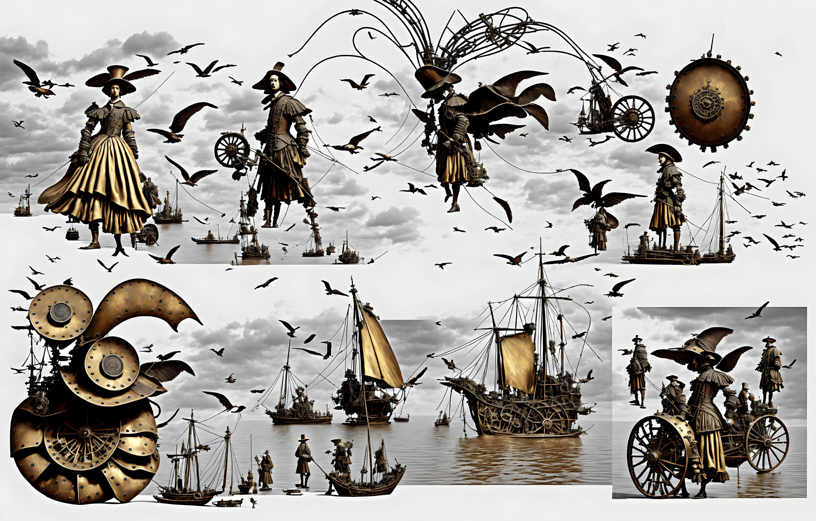 Steampunk-themed collage with Victorian woman, mechanical birds, ships, and cogwheel motifs