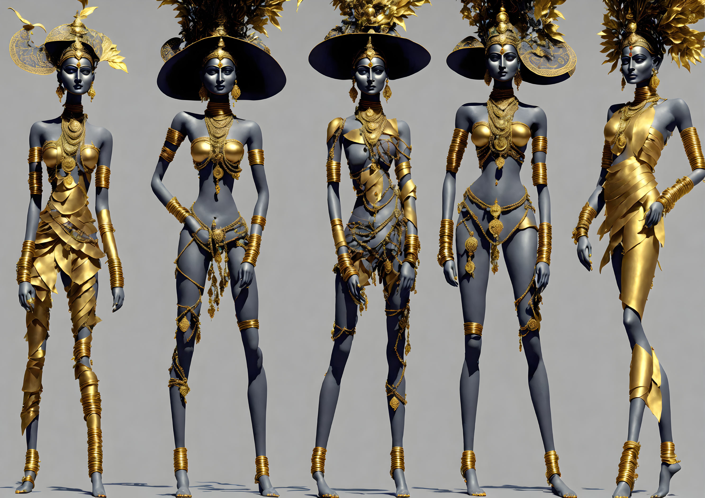 Five 3D-Rendered Female Figures in Gold Futuristic Armor on Plain Background