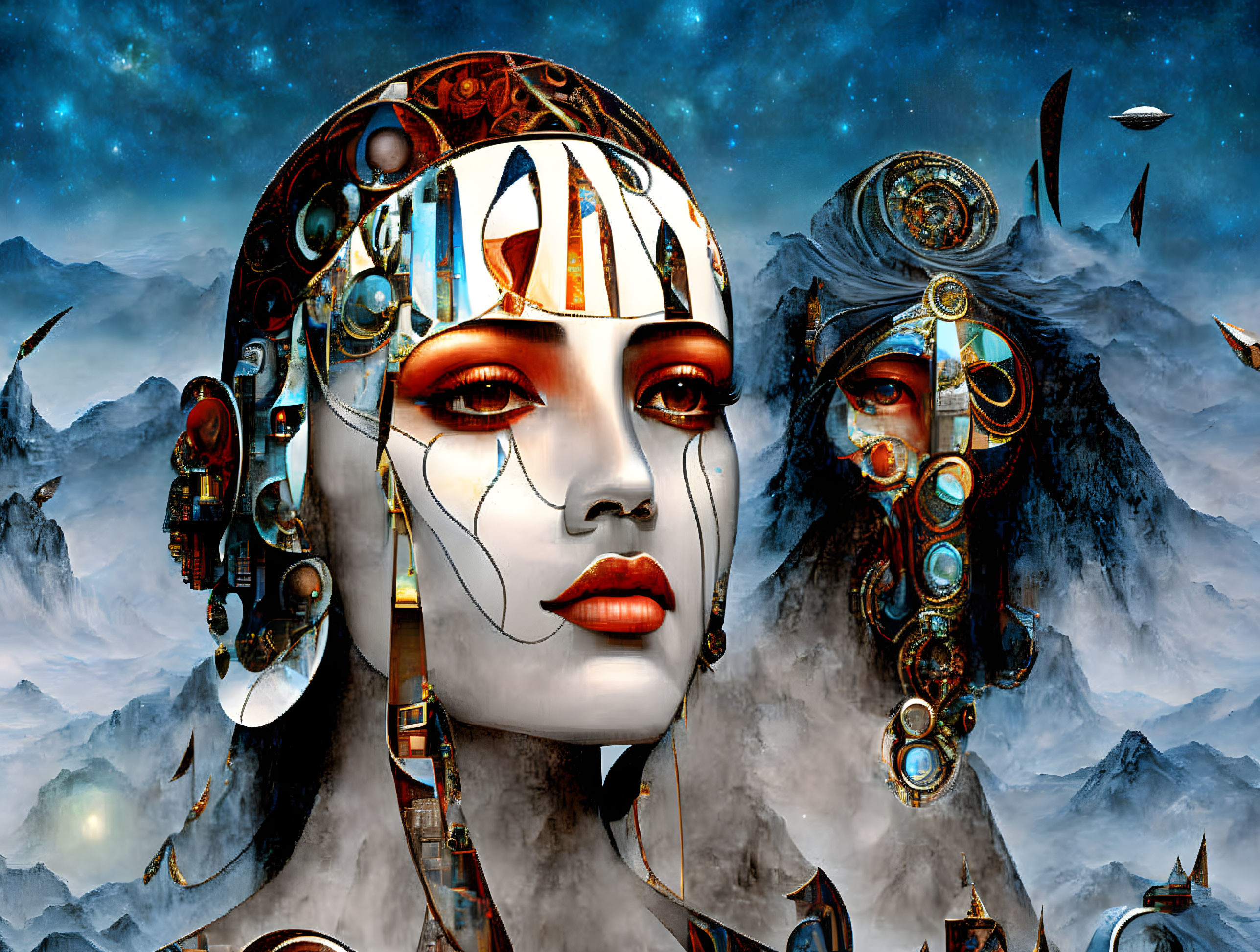 Surreal artwork: Robotic faces with Egyptian headdresses, cosmic mountains, floating islands