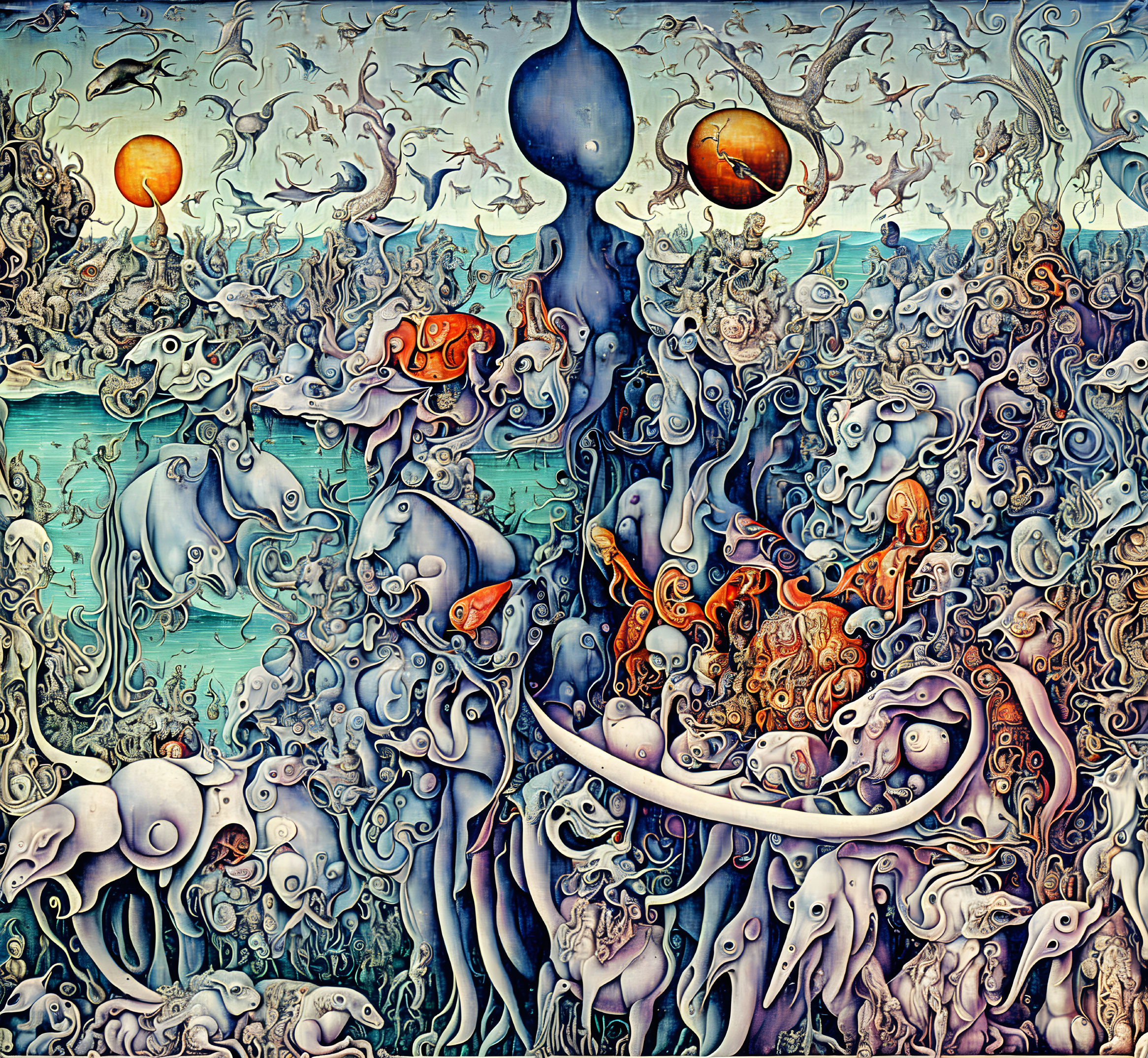 Detailed Surreal Painting: Vibrant Colors, Abstract Creatures, Marine Scenery, Celestial Orbs