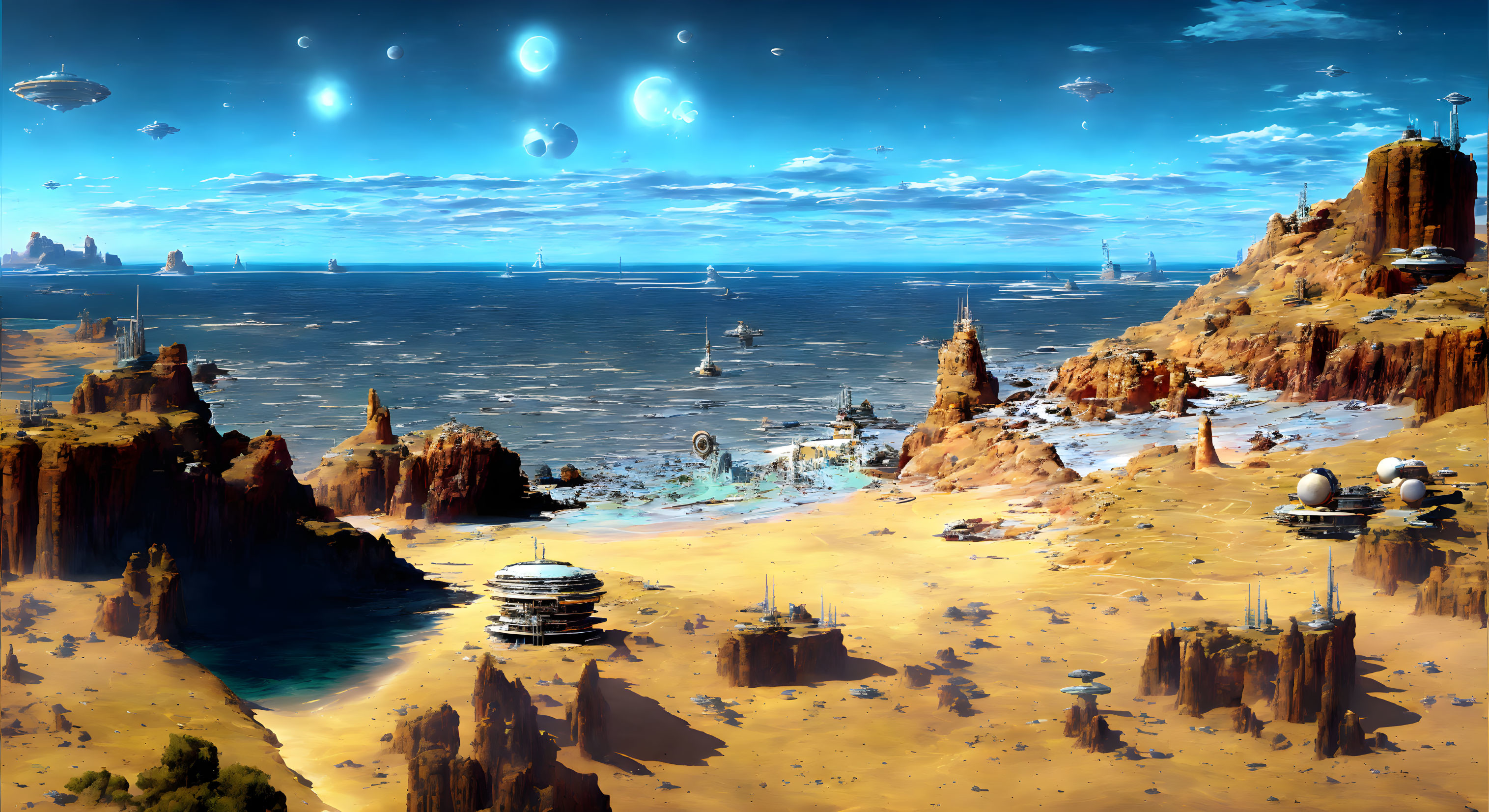 Advanced desert cityscape with water, flying craft, and celestial bodies.