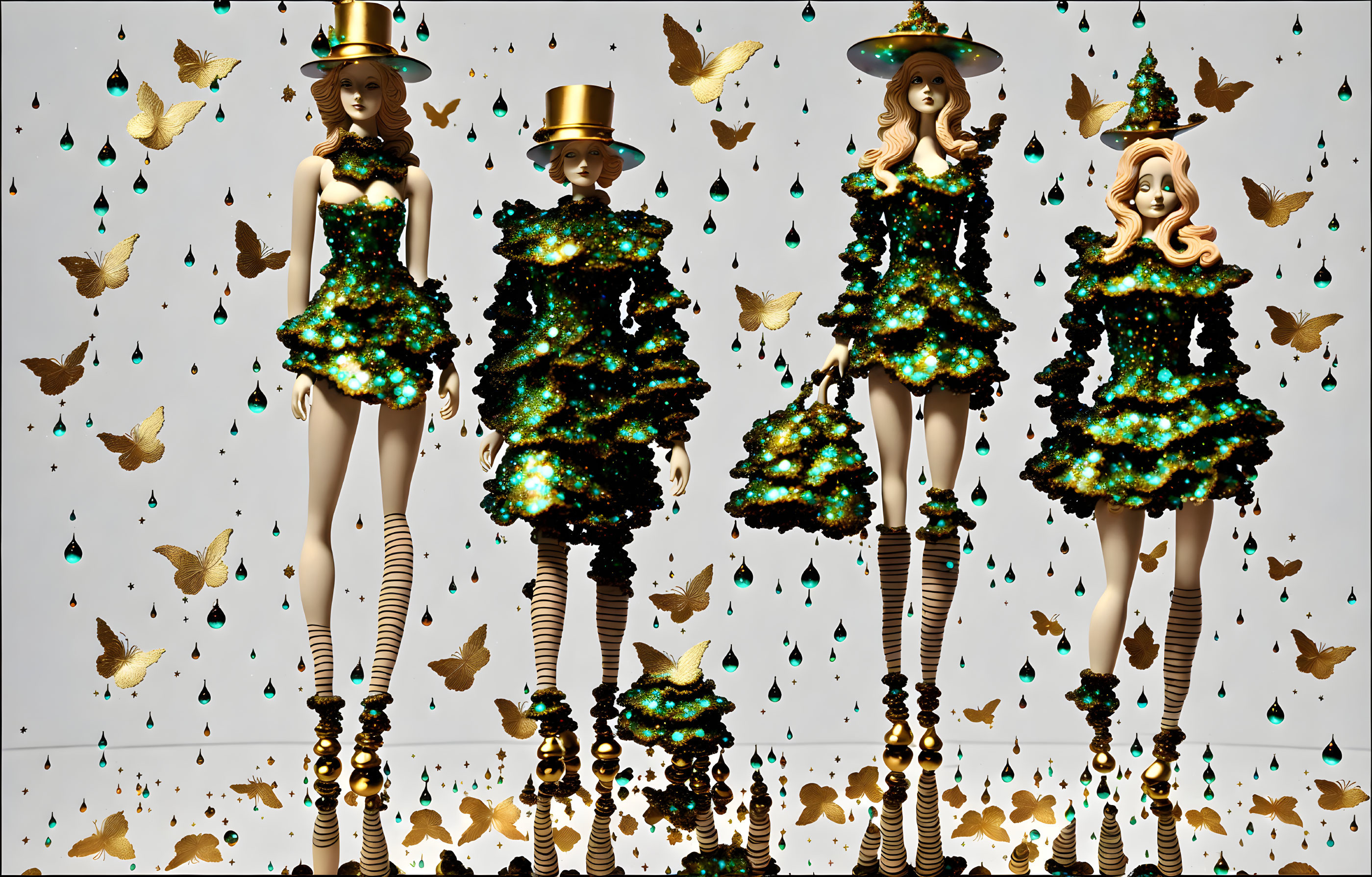 Mannequins in Christmas tree dresses with golden hats, butterflies, and decorations.