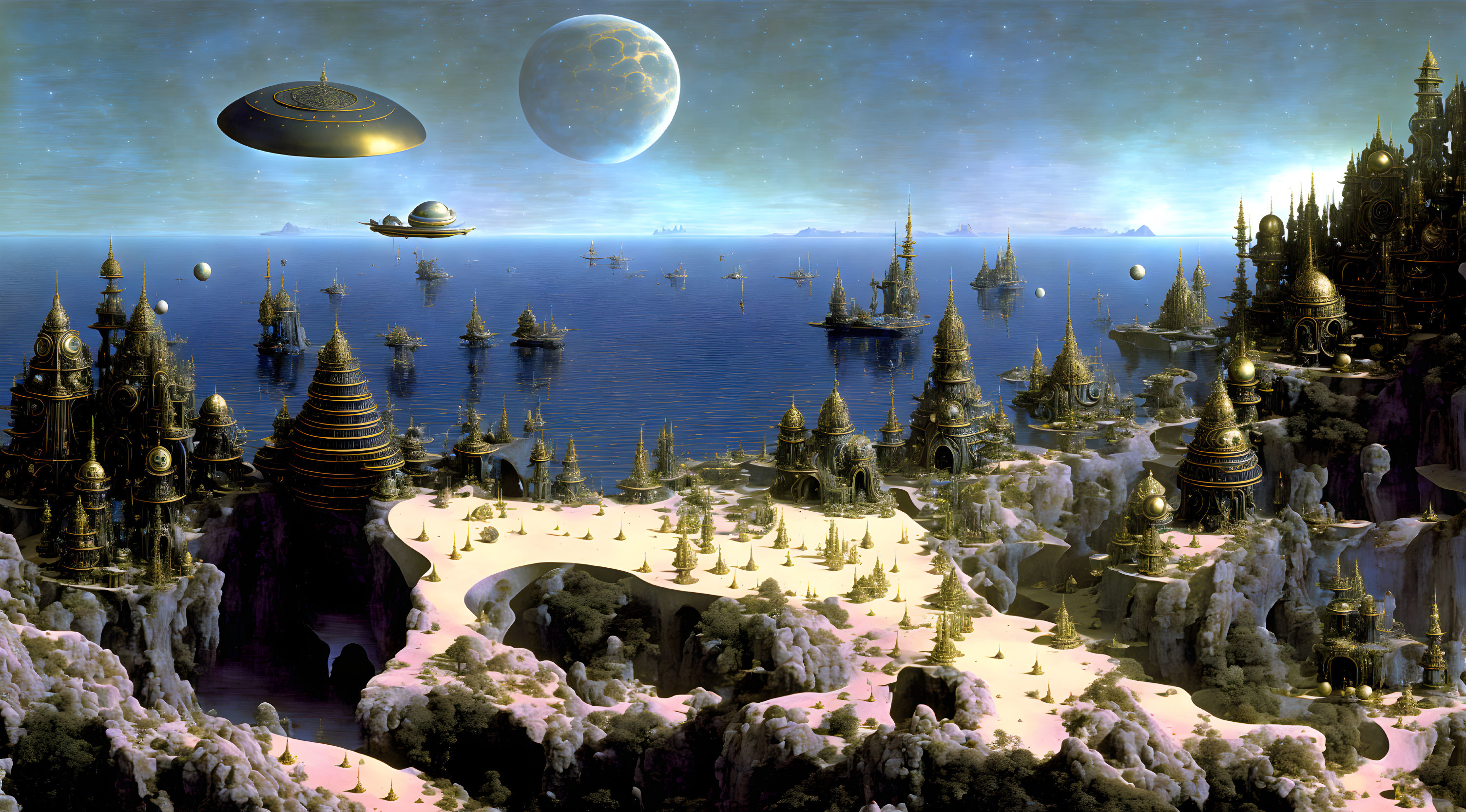 Fantastical landscape with golden structures, hovering spacecraft, moon, and surreal sea