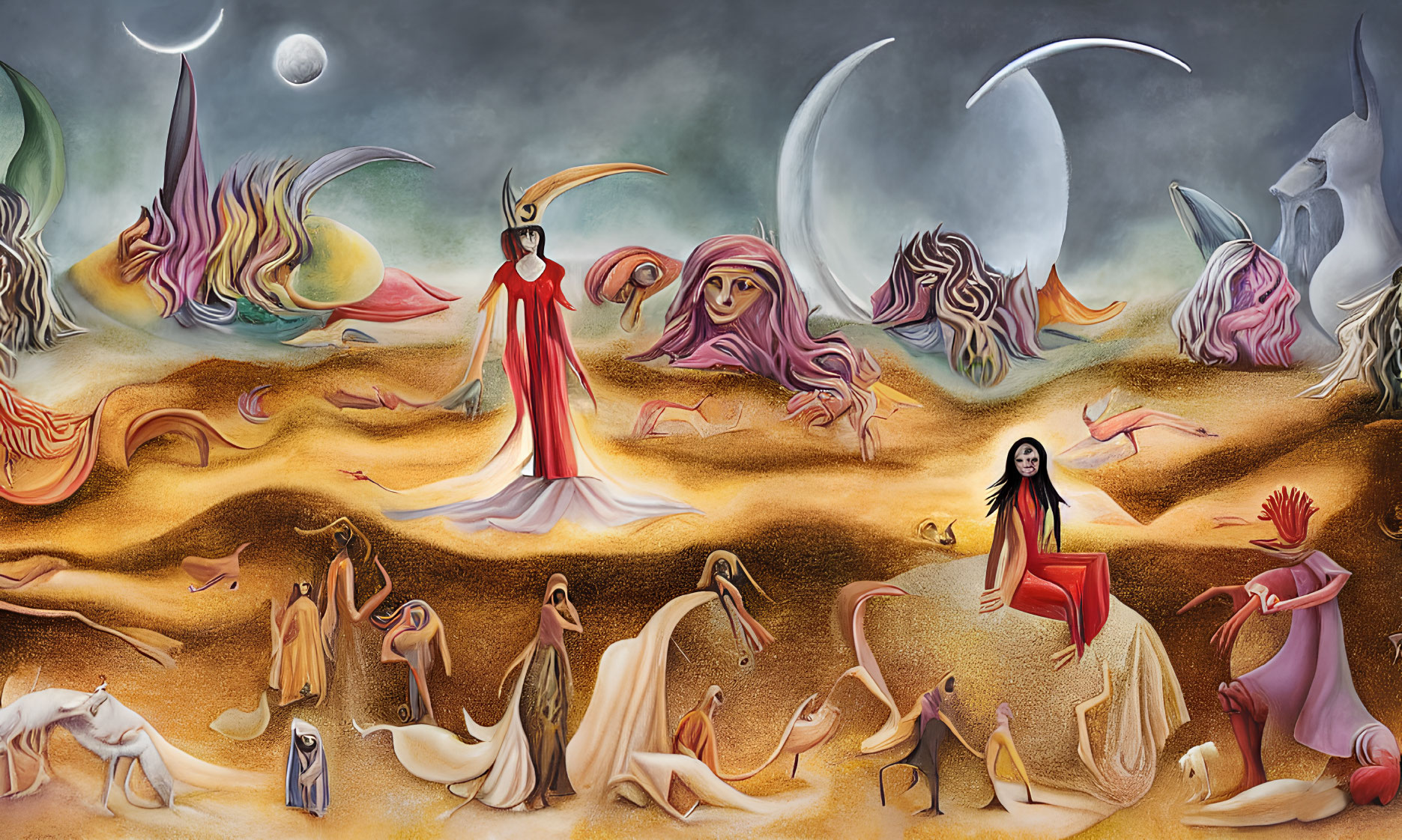 Colorful surreal desert scene with anthropomorphic flames, hands, figures, and multiple moon phases.