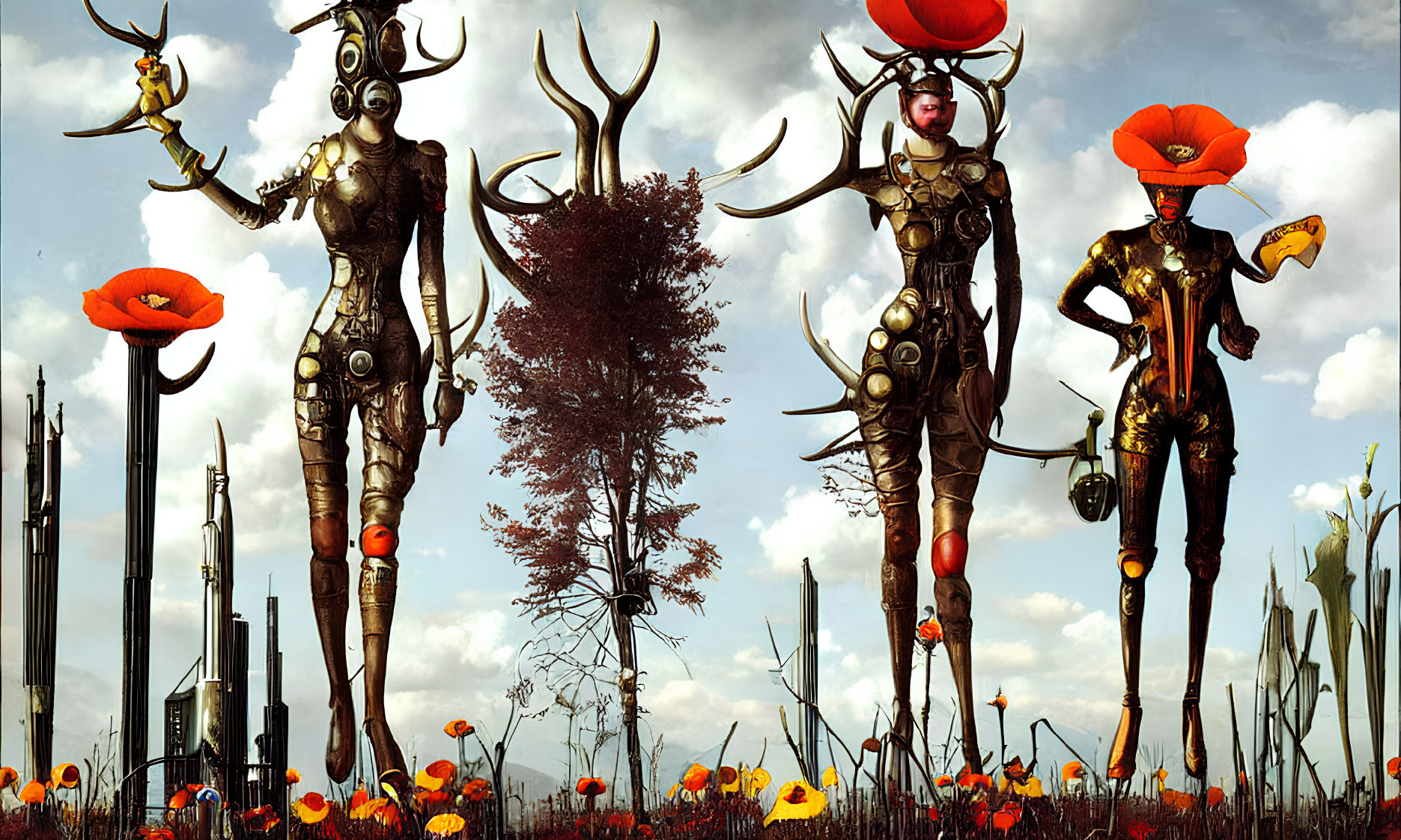 Futuristic humanoid figures with antler-like headgear in poppy field under dramatic sky