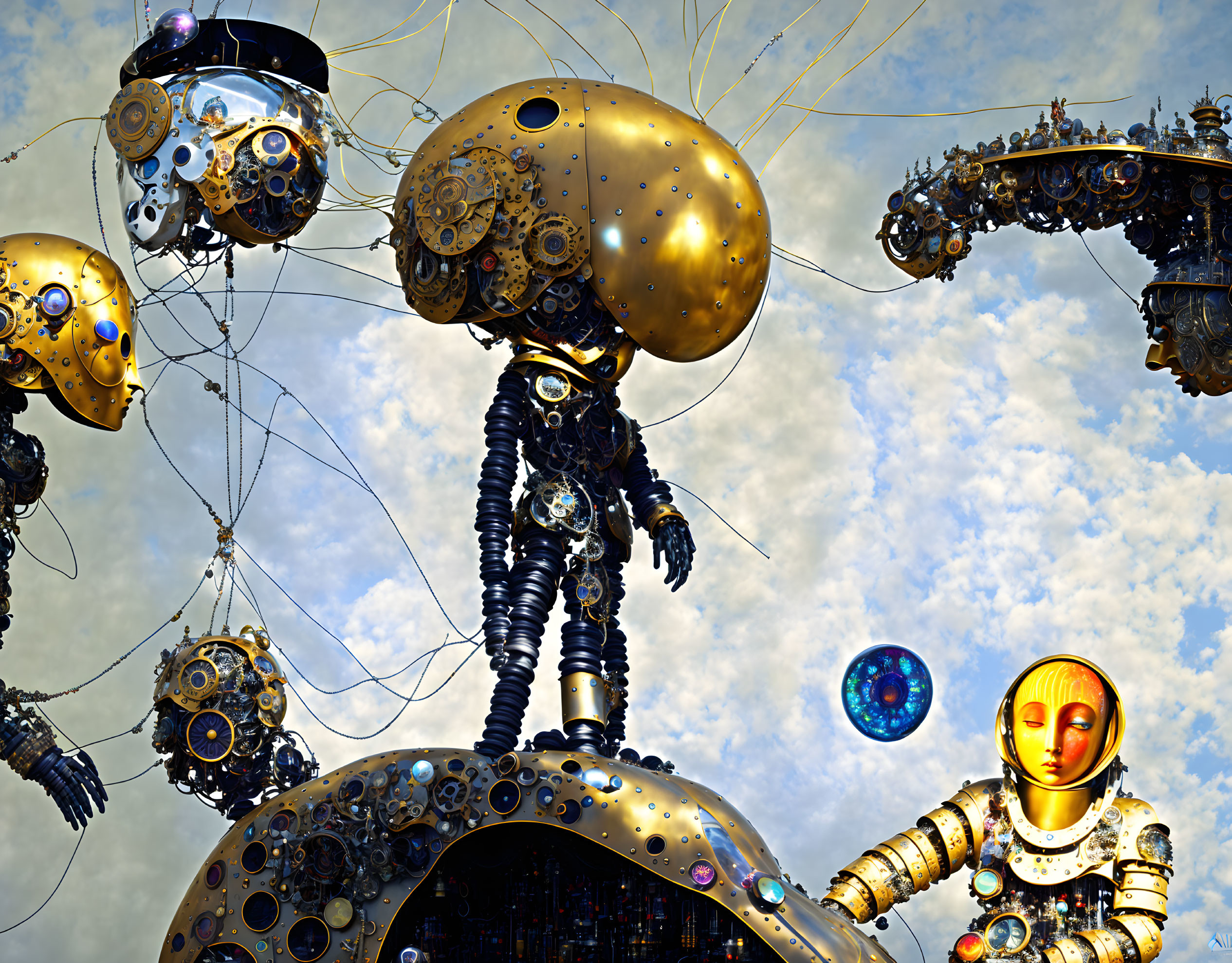 Golden Steampunk Robots in Surreal Cloudy Sky