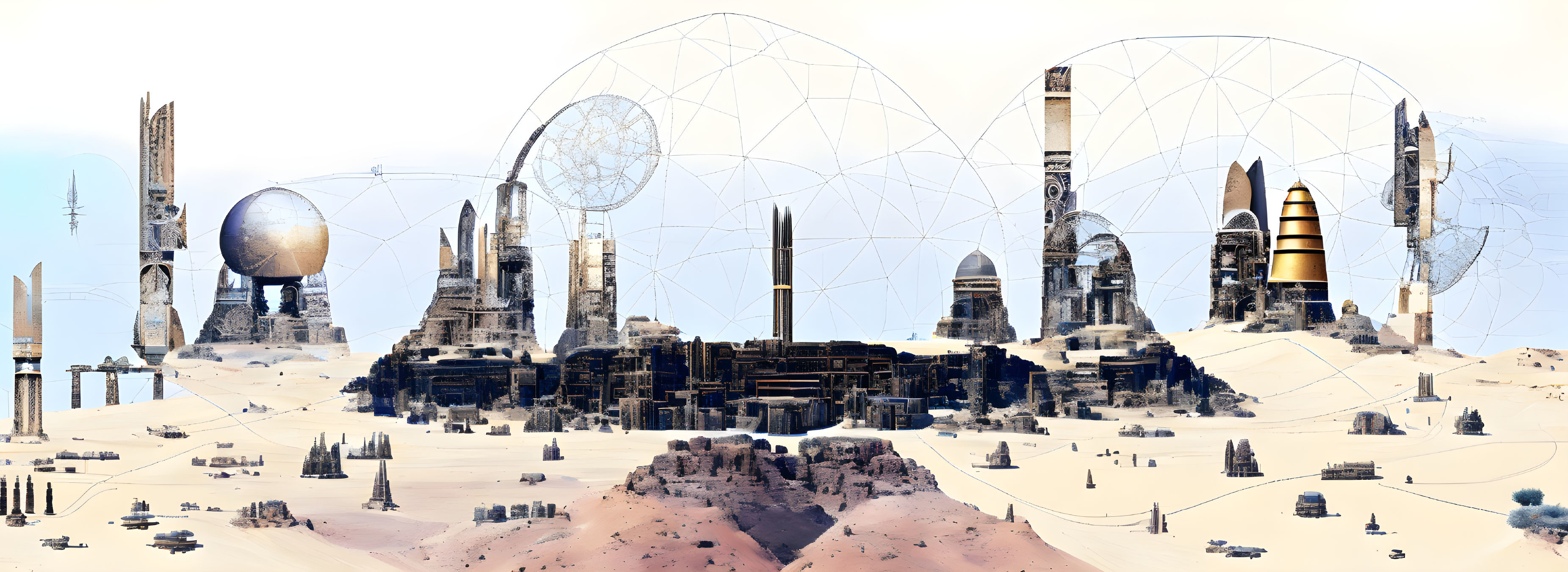 Futuristic desert cityscape with high-tech structures and domes