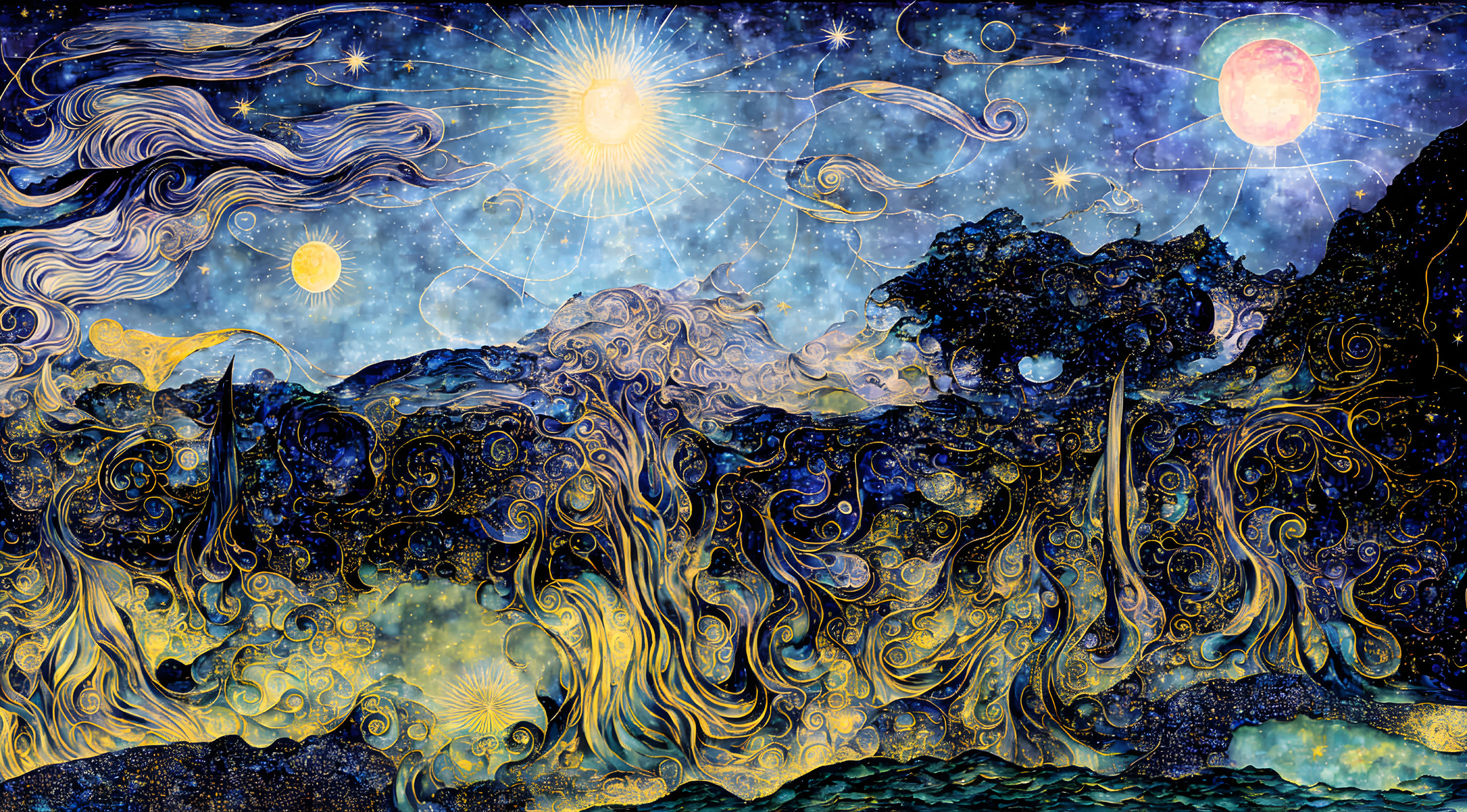 Vibrant Starry Night Painting with Celestial Bodies and Swirling Patterns