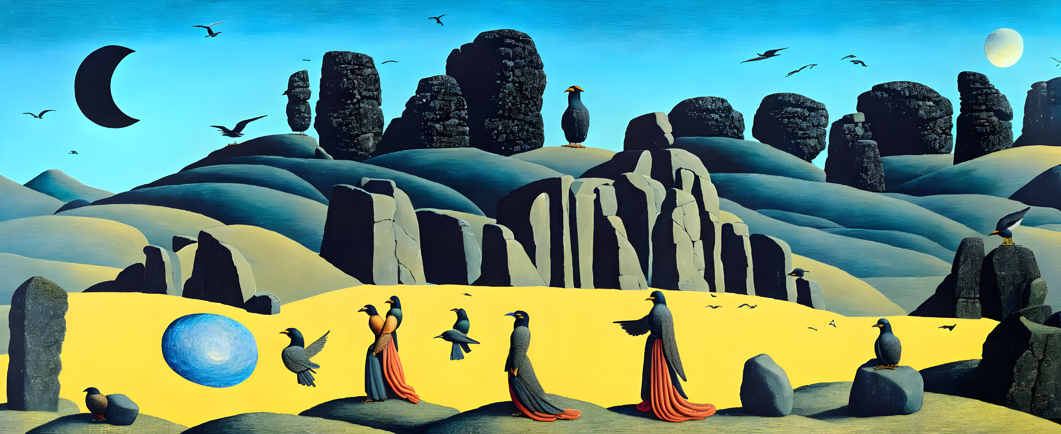 Anthropomorphic penguins in gowns in surreal landscape