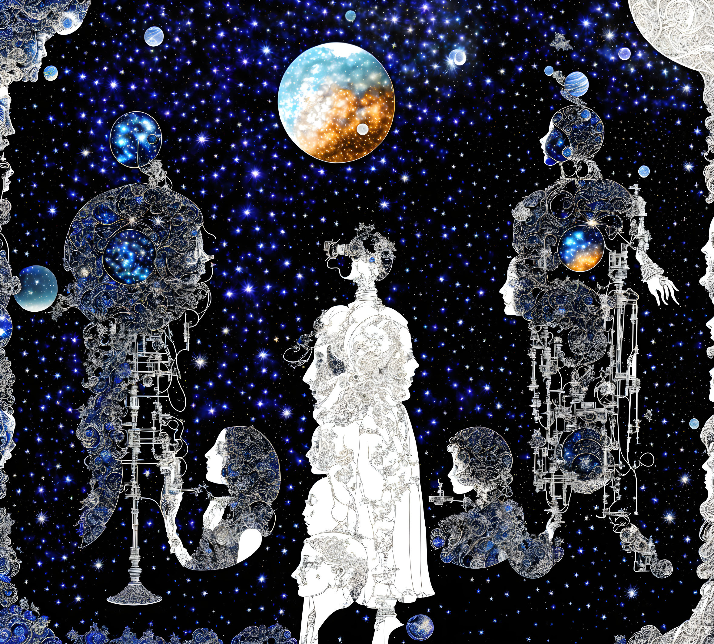 Intricate celestial beings in cosmic setting