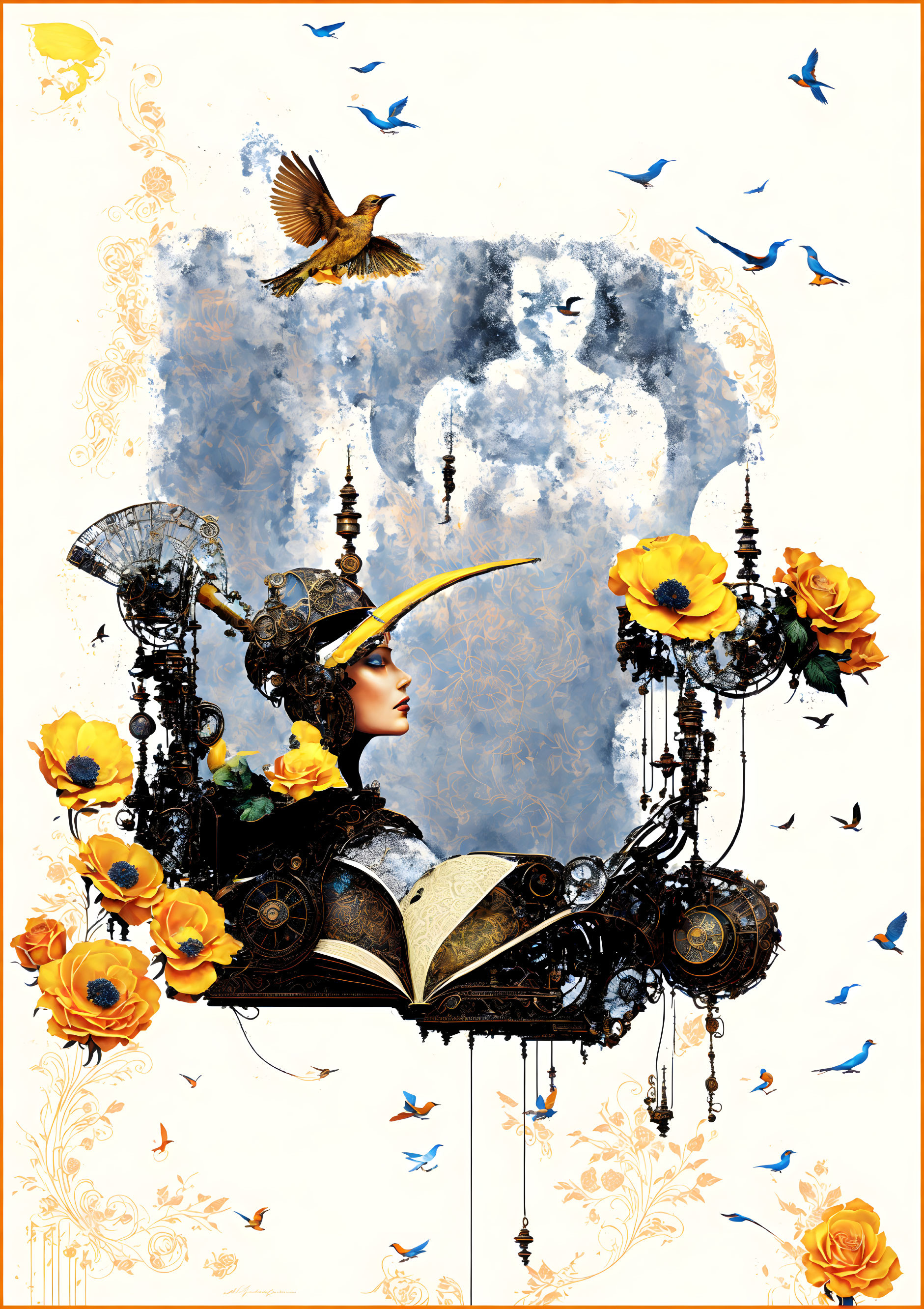 Steampunk-themed woman with yellow flowers and birds in artwork