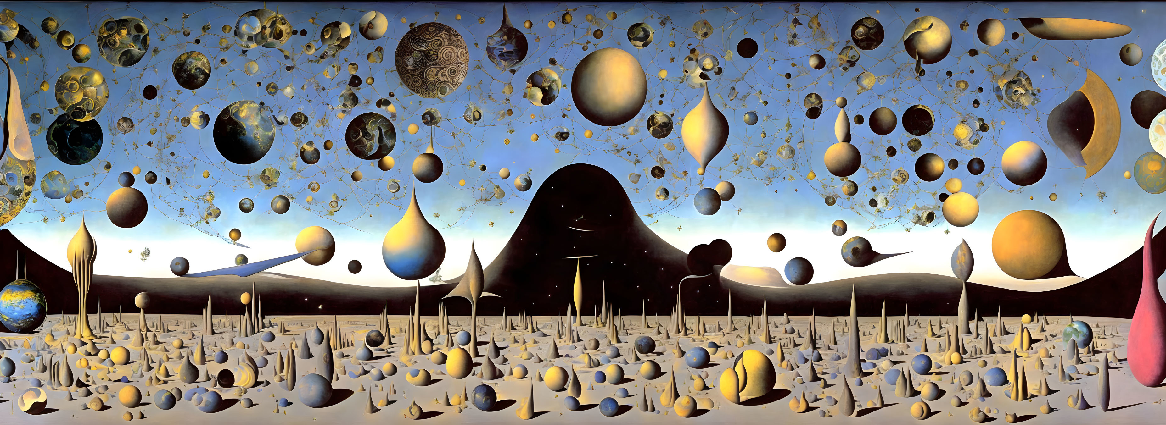 Surreal landscape: floating orbs, teardrop shapes, barren ground, silhouetted