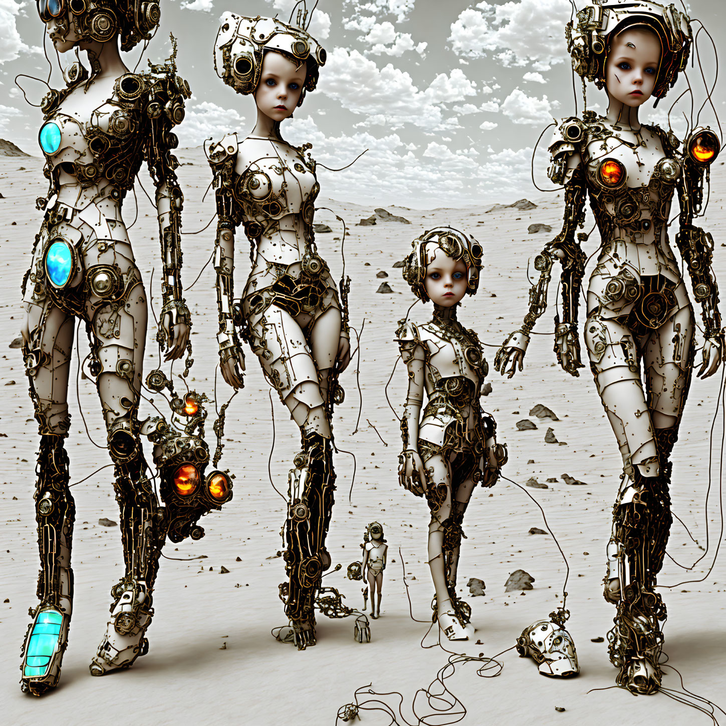 Four Steampunk Female Androids in Barren Landscape