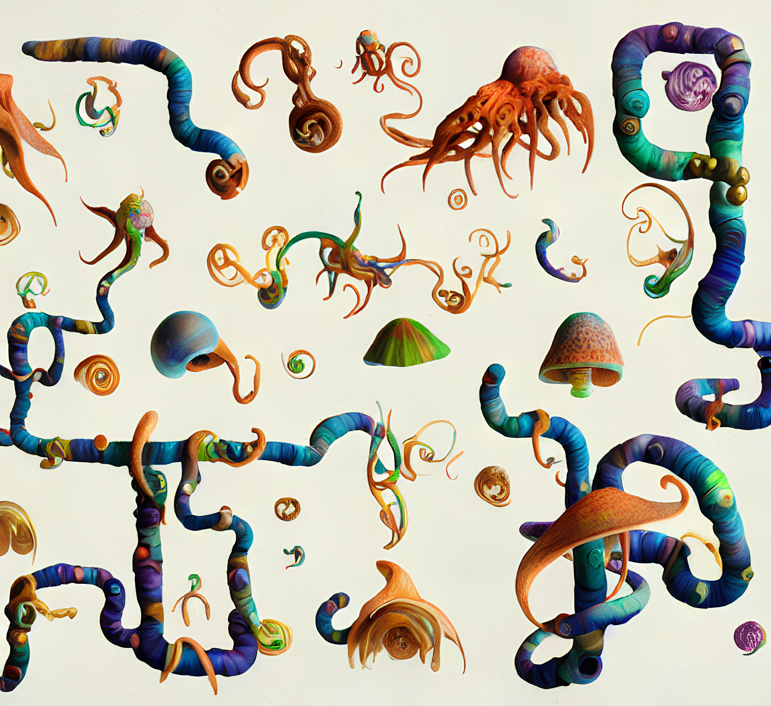 Colorful Marine Life Illustration Featuring Octopuses, Squids, and Shells