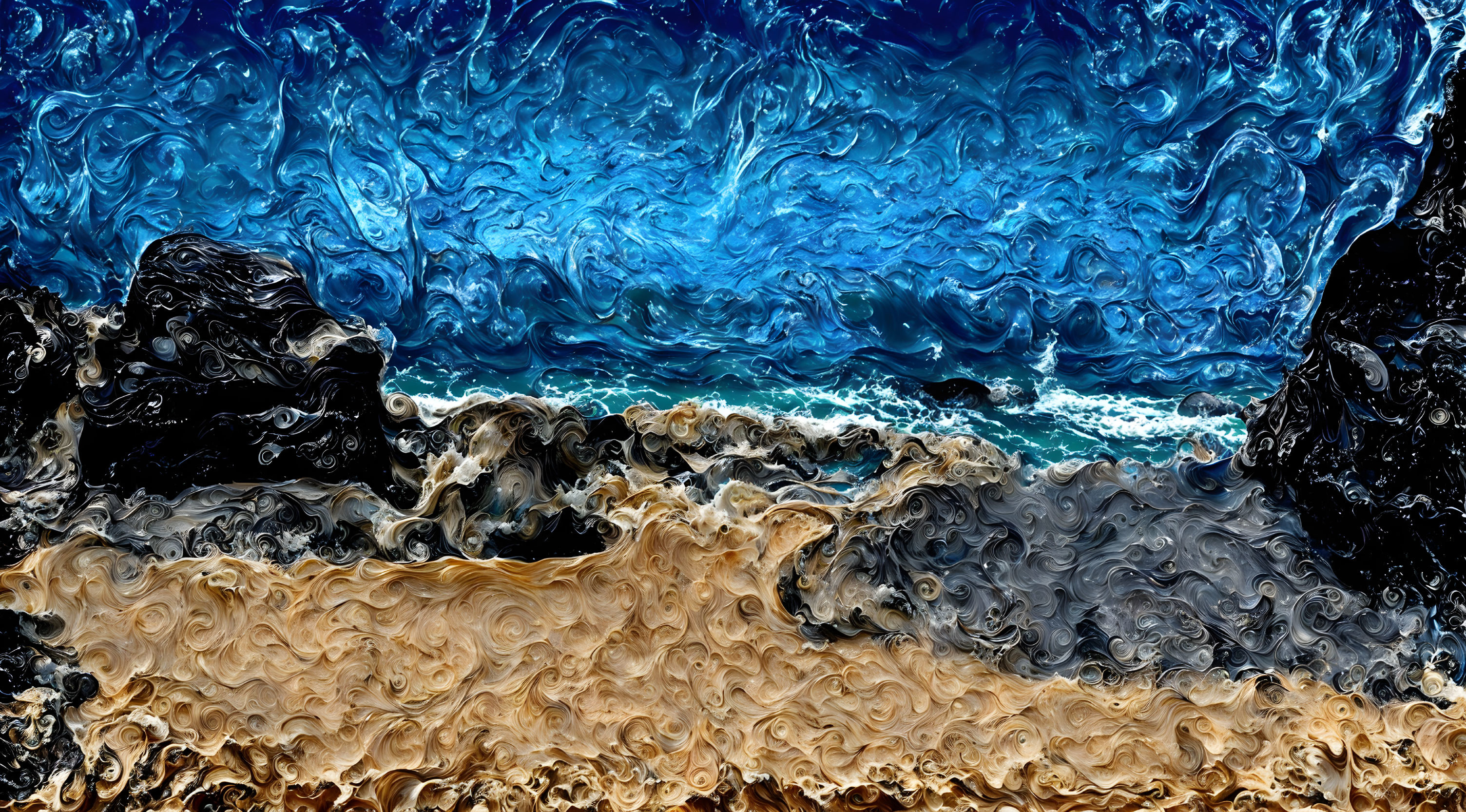 Vibrant Textured Artwork of Dark Rocks and Swirling Sea