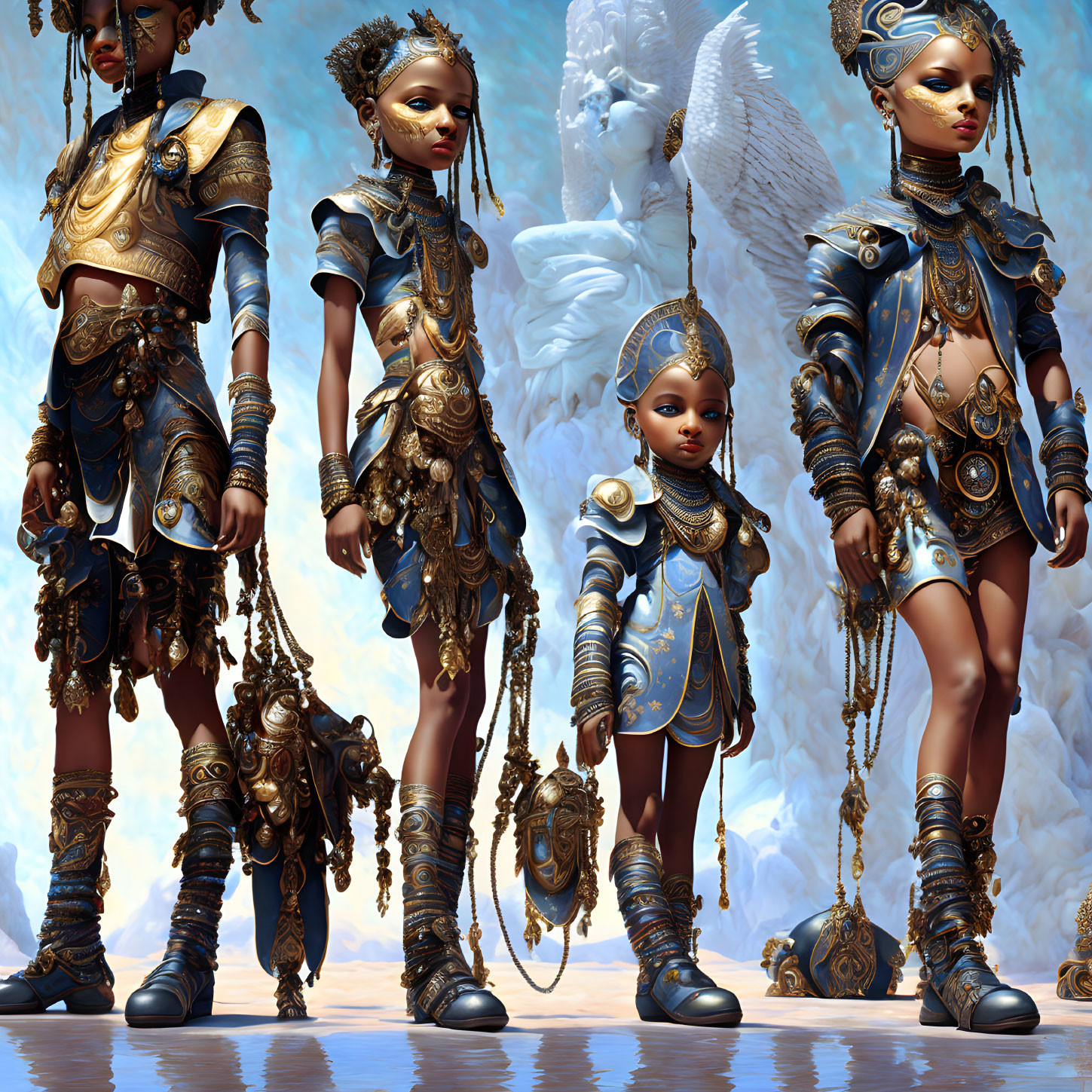 Four digital art figures in golden and blue armors with white-winged creature