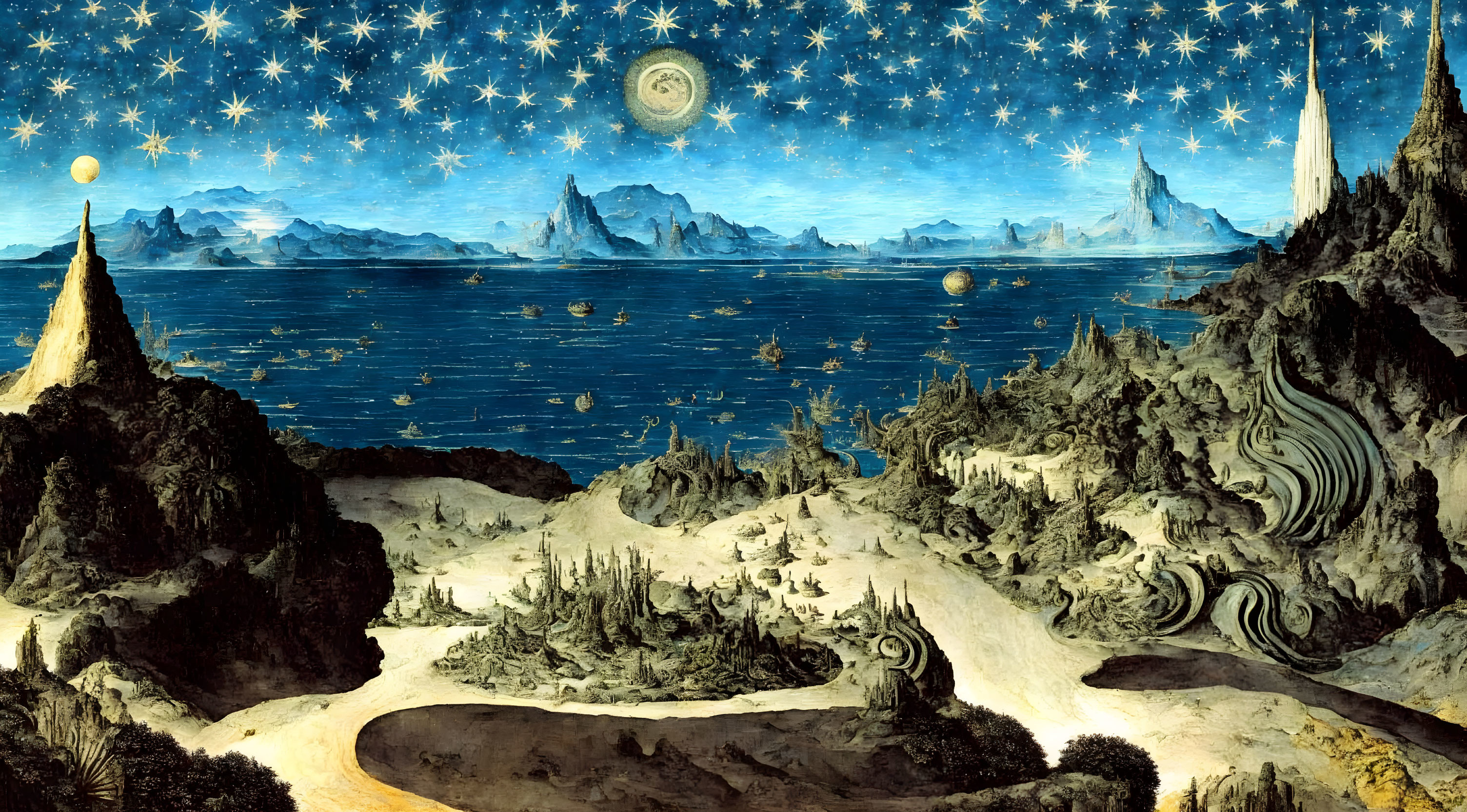 Fantastical landscape painting with starry sky and crescent moon