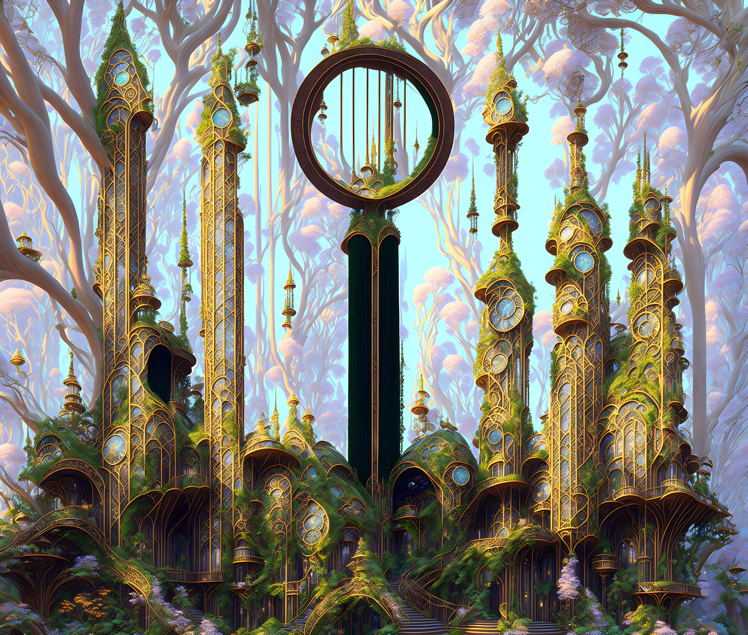 Clockwork forest with golden towers, gears, and clock faces in lush foliage