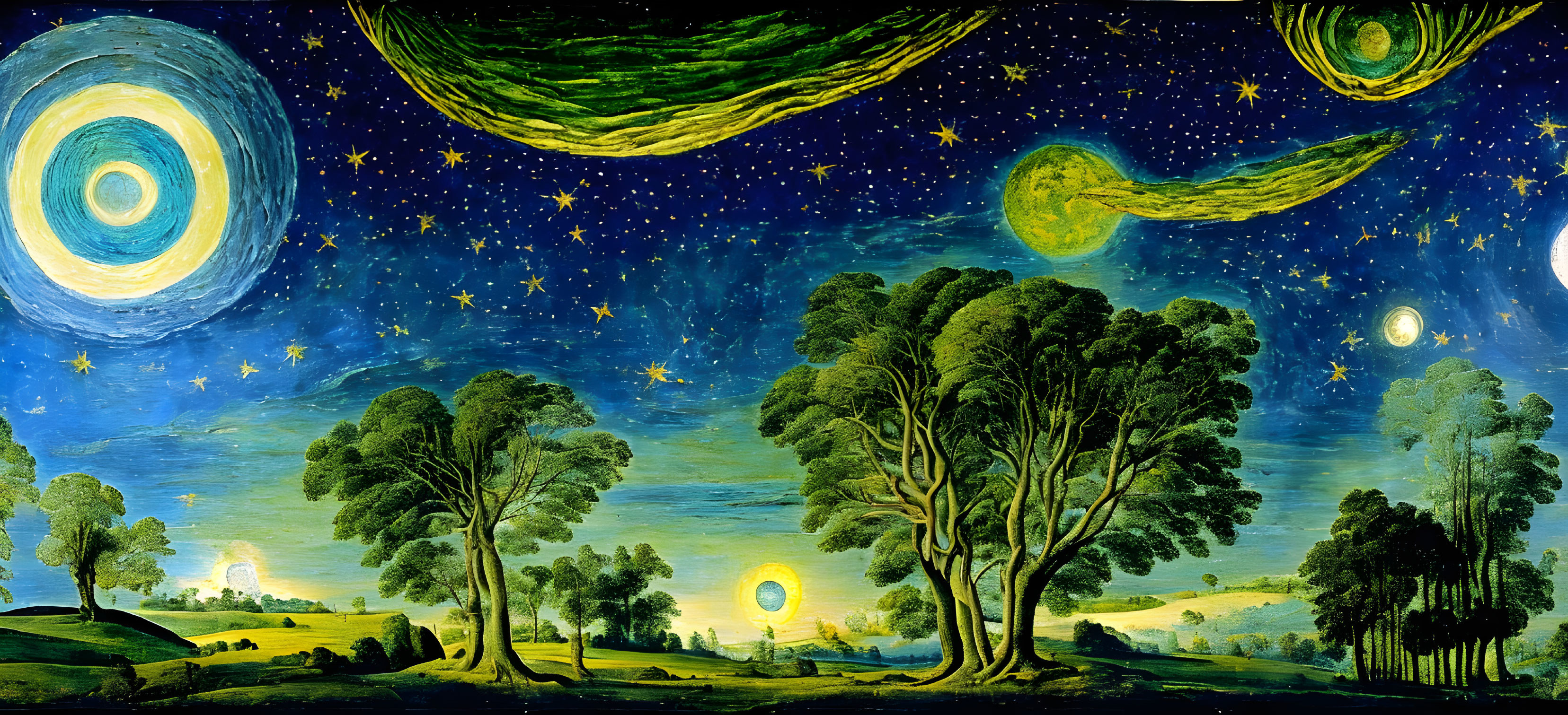 Fantastical Night Sky Painting with Celestial Bodies and Trees