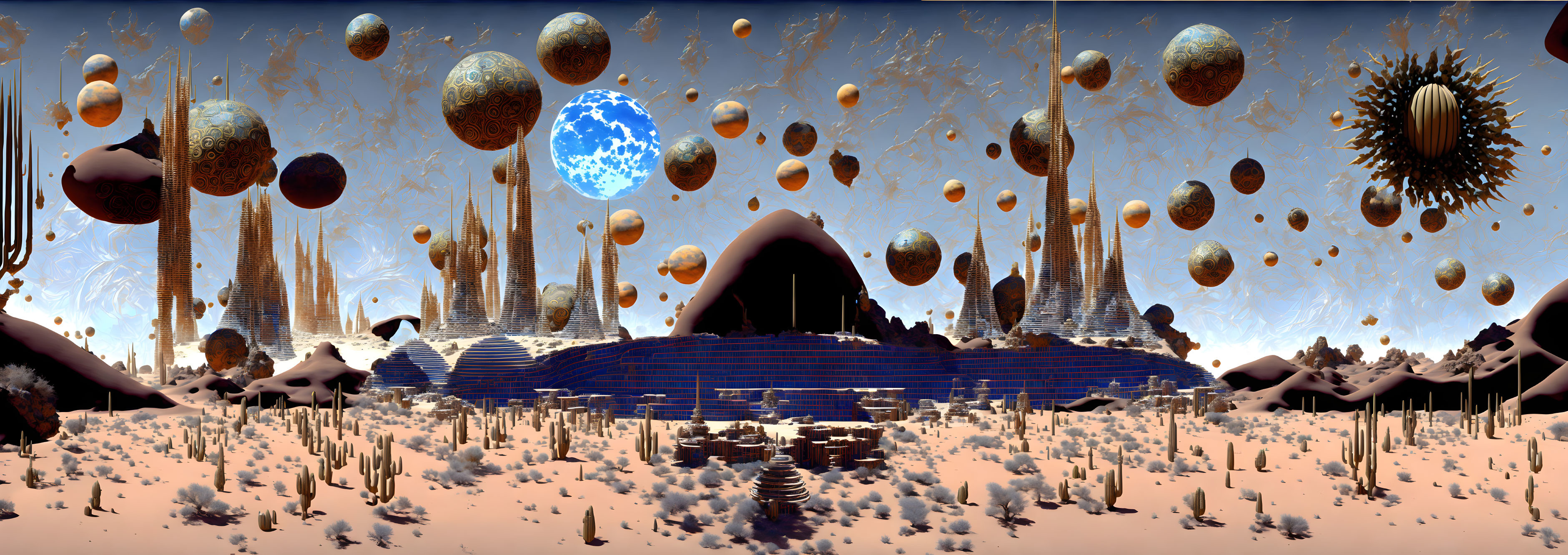 Surreal desert landscape with floating spheres, alien structures, and cave entrance