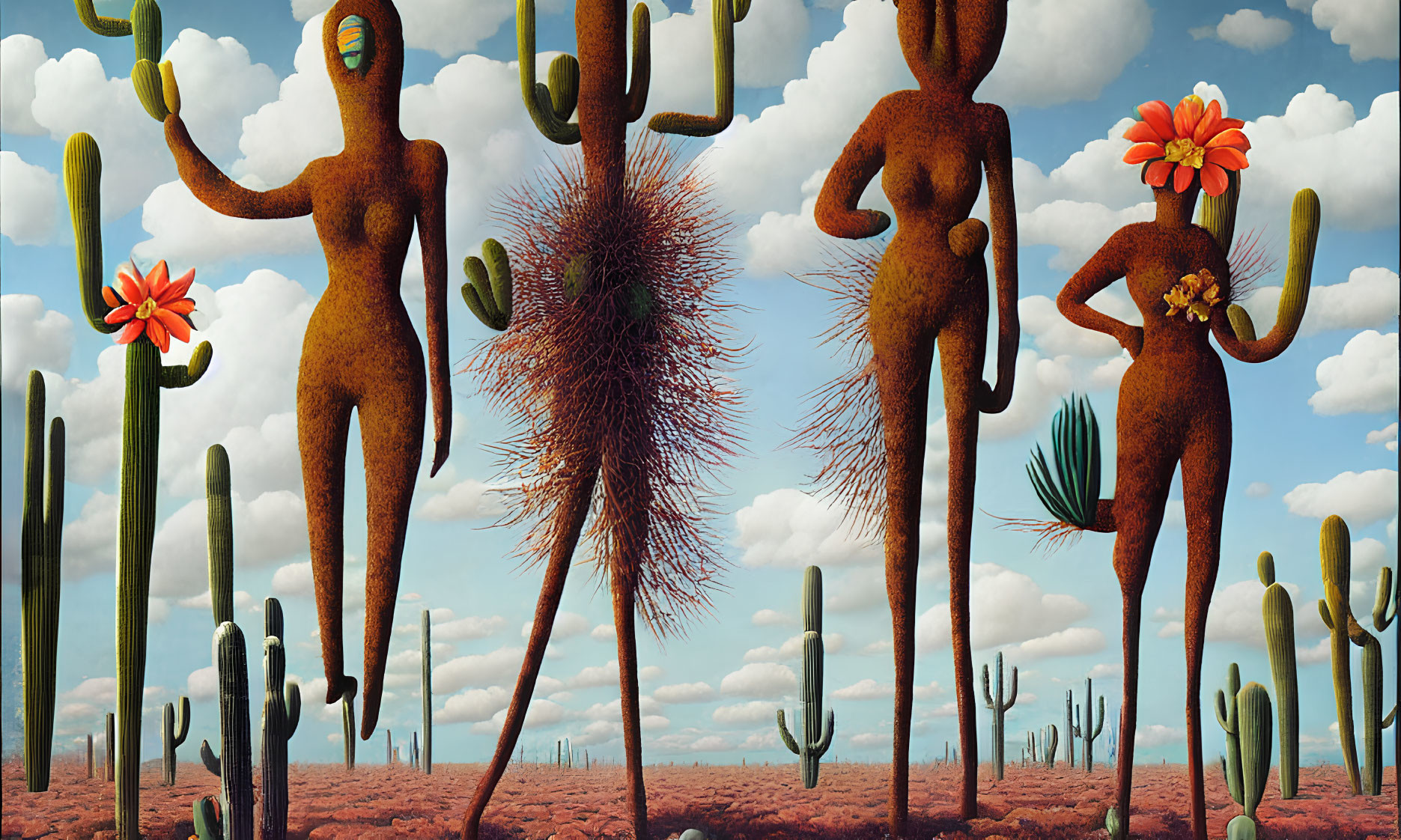 Surreal anthropomorphic cacti figures in desert landscape with flower features