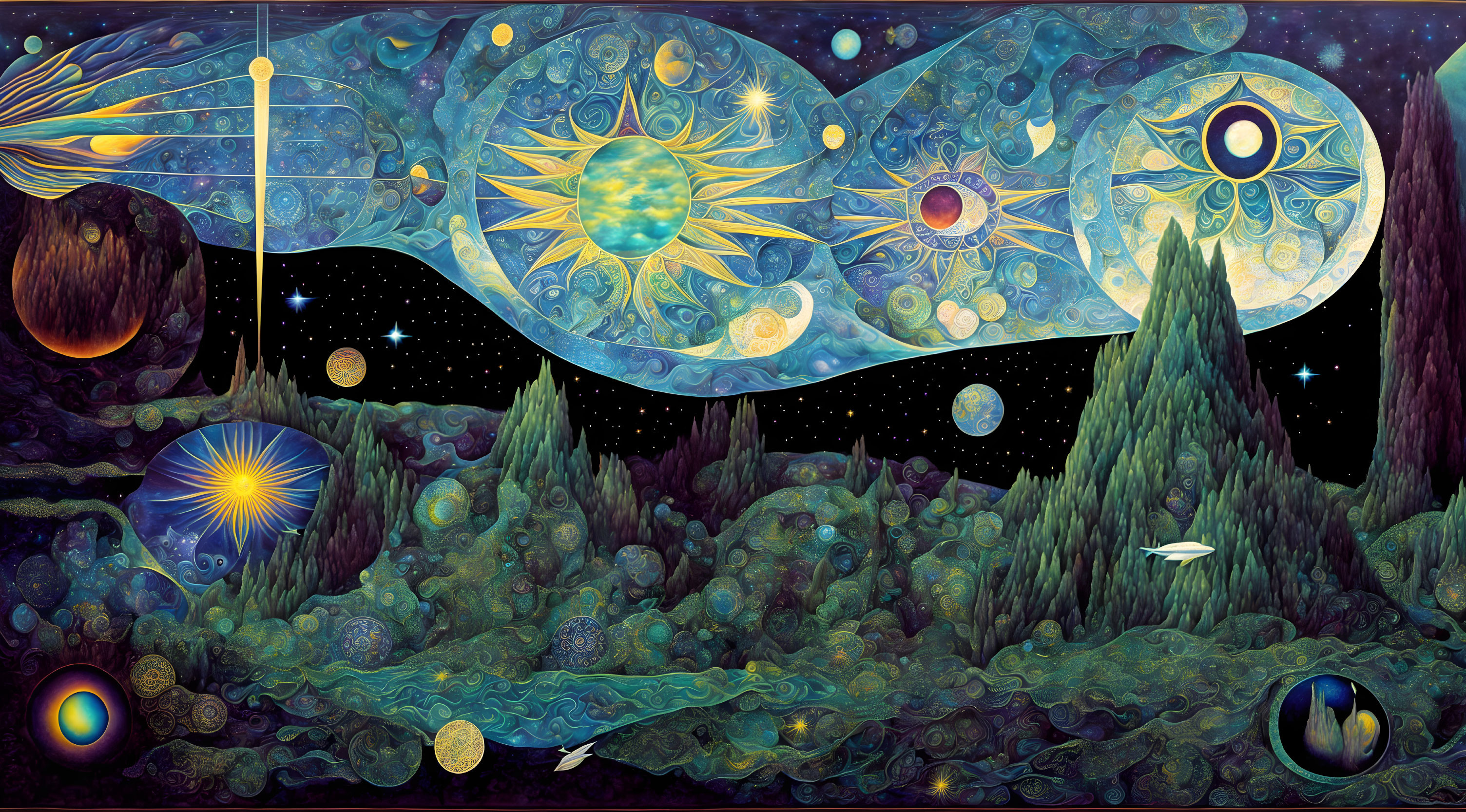 Vibrant surreal cosmic landscape with celestial bodies and vibrant flora