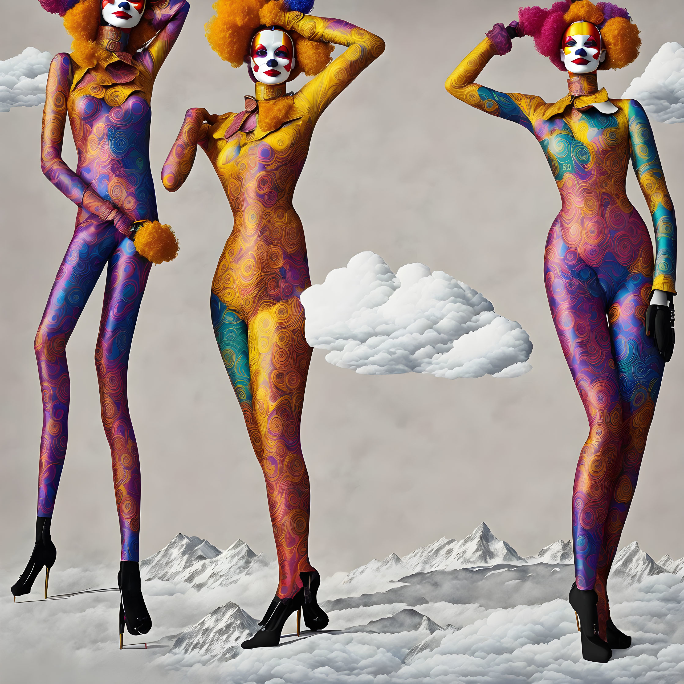 Three models in vibrant body paint and clown makeup pose above clouds and mountains