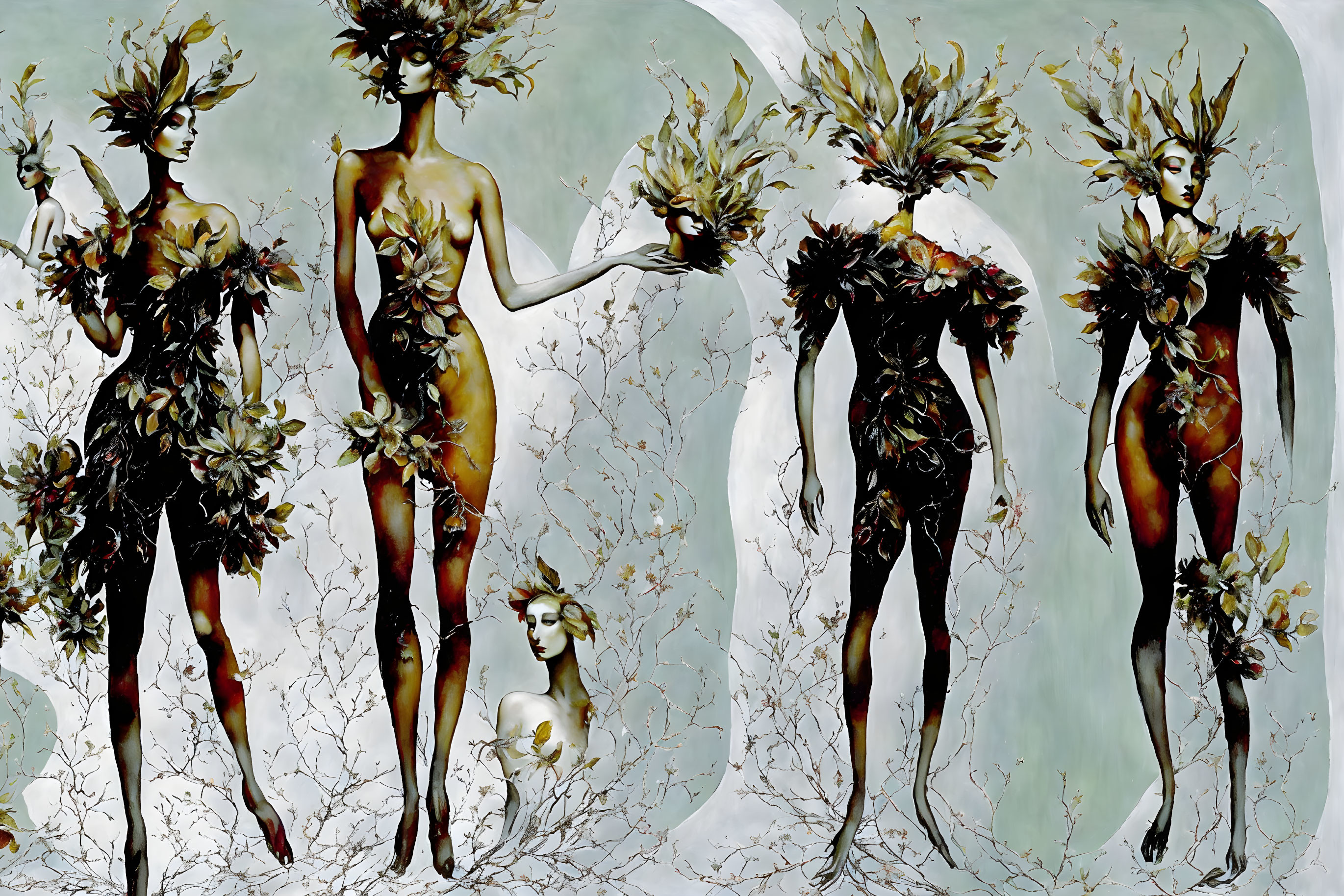 Four humanoid figures with plant-like features on pale background