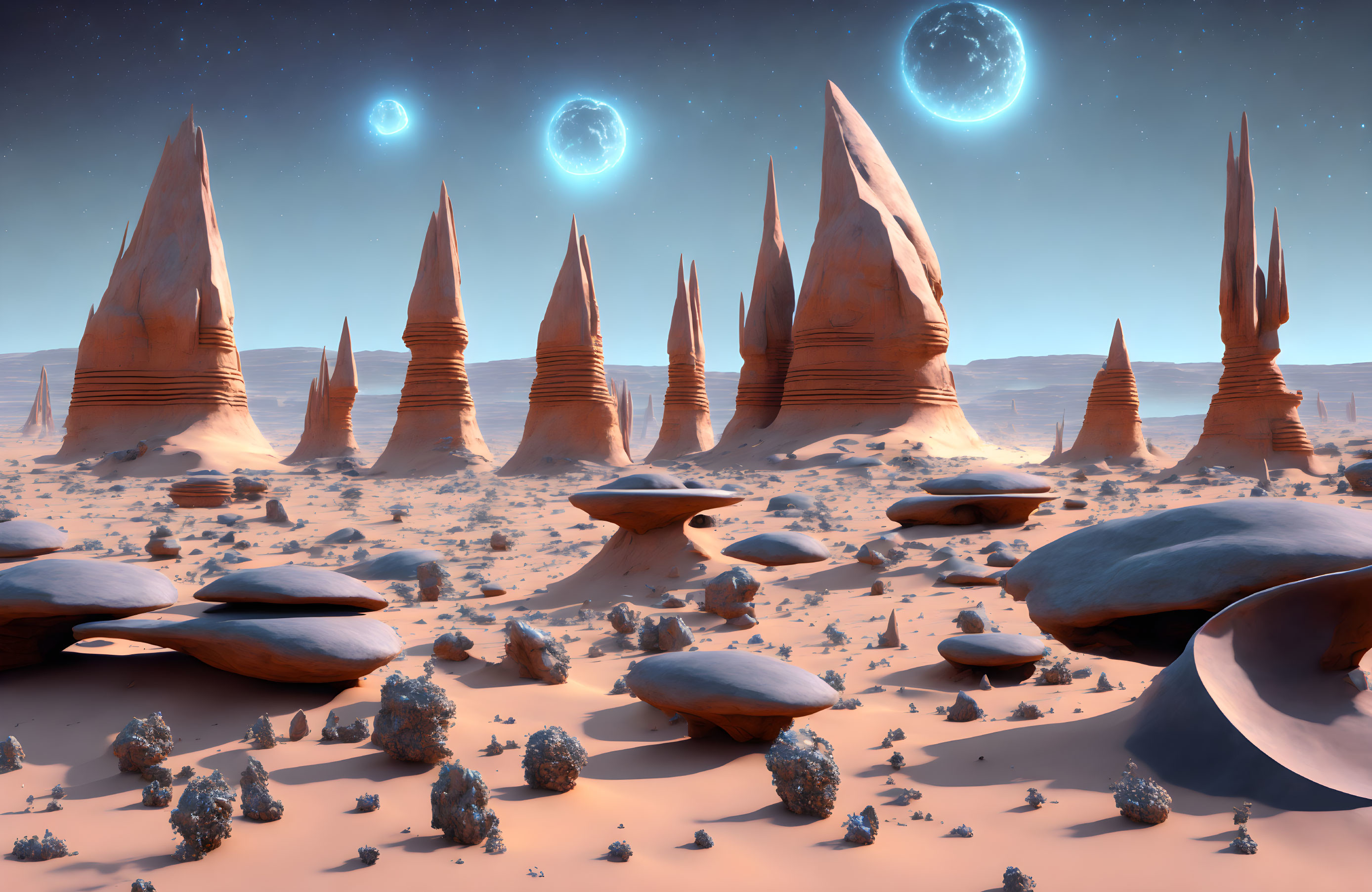 Surreal desert landscape with towering spires and two moons