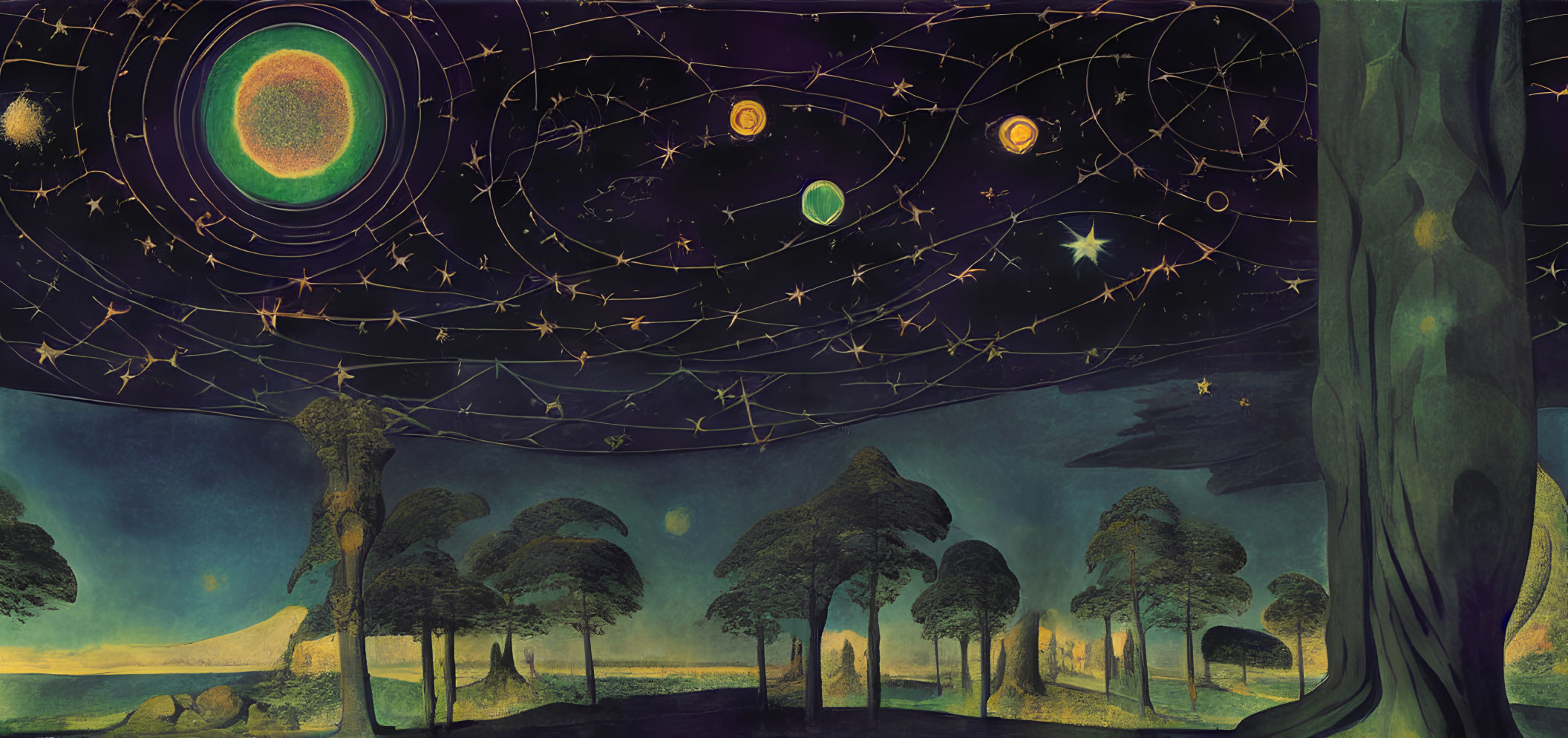 Mystical forest landscape with starry sky and planetary orbits