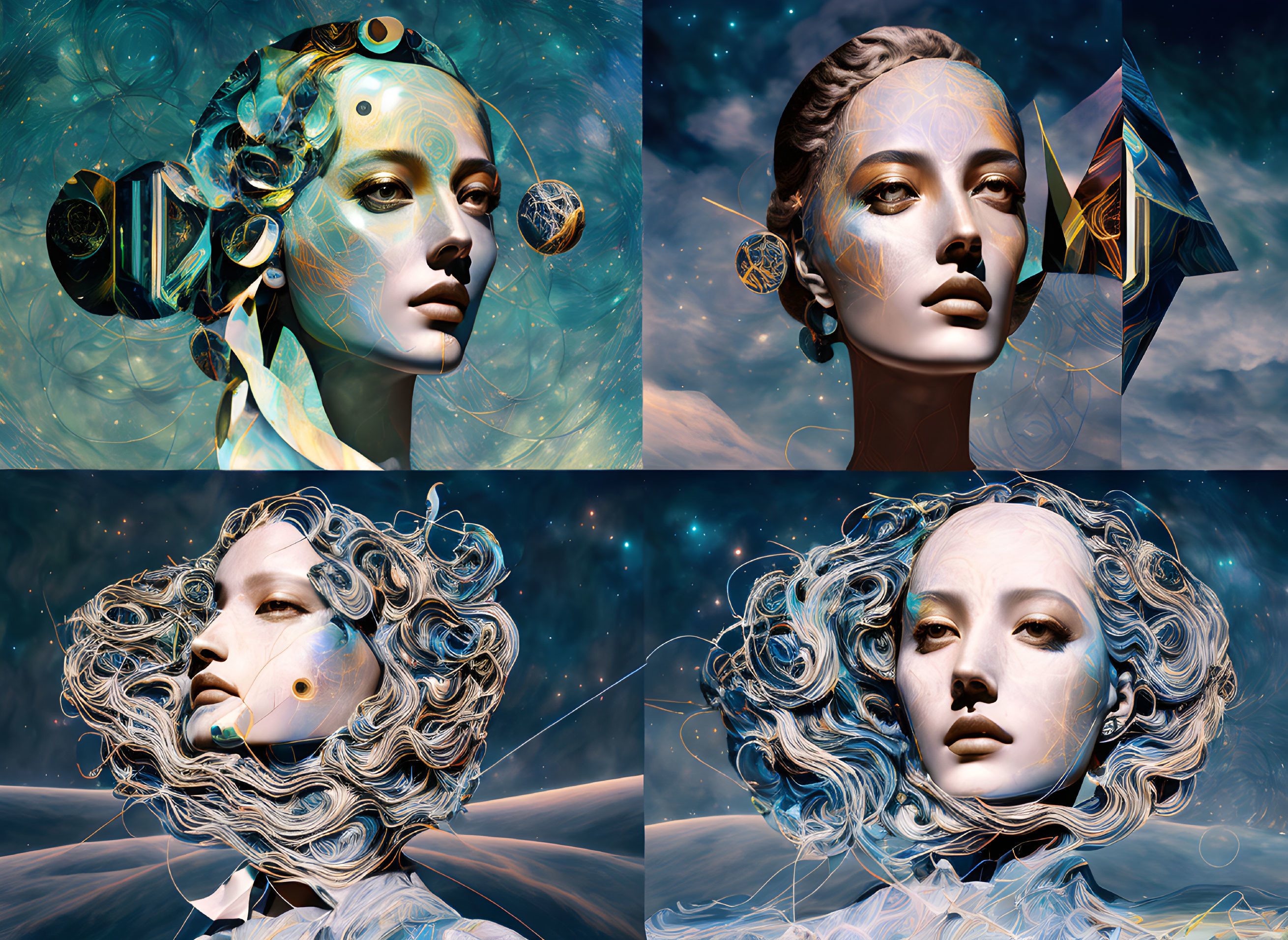 Four Stylized Futuristic Woman Portraits Against Cosmic Background