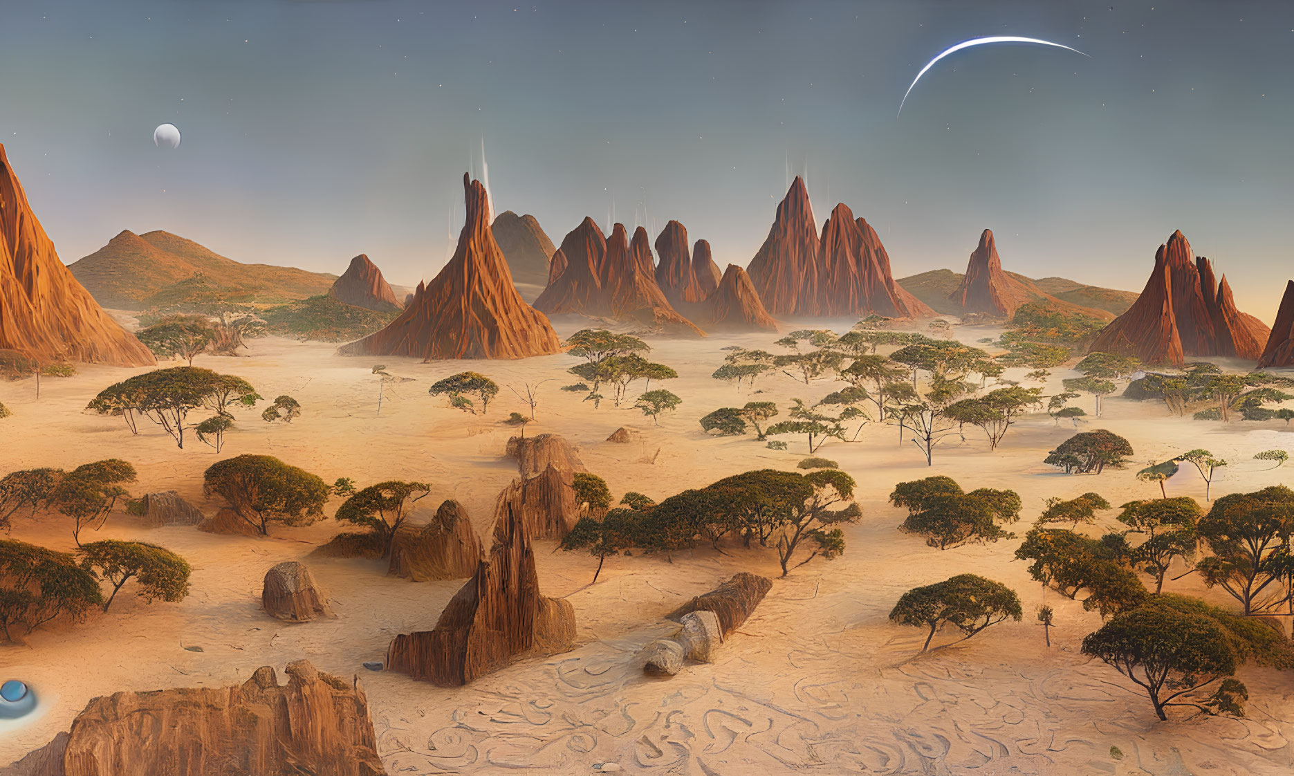 Alien landscape with orange spiky mountains and celestial sky