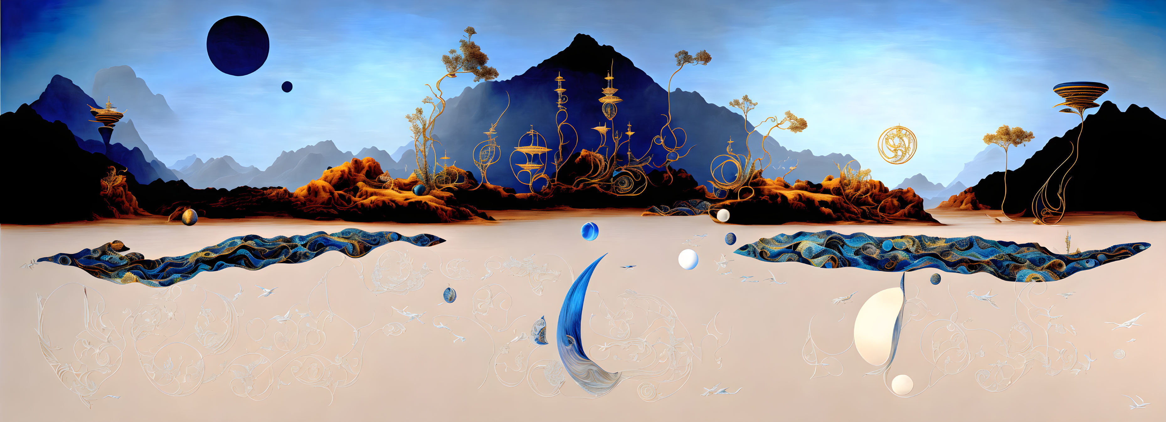 Panoramic surreal landscape with central mountain and floating islands