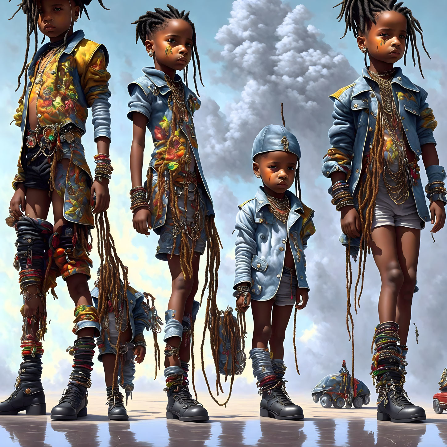 Illustrated children in post-apocalyptic attire against desolate landscape