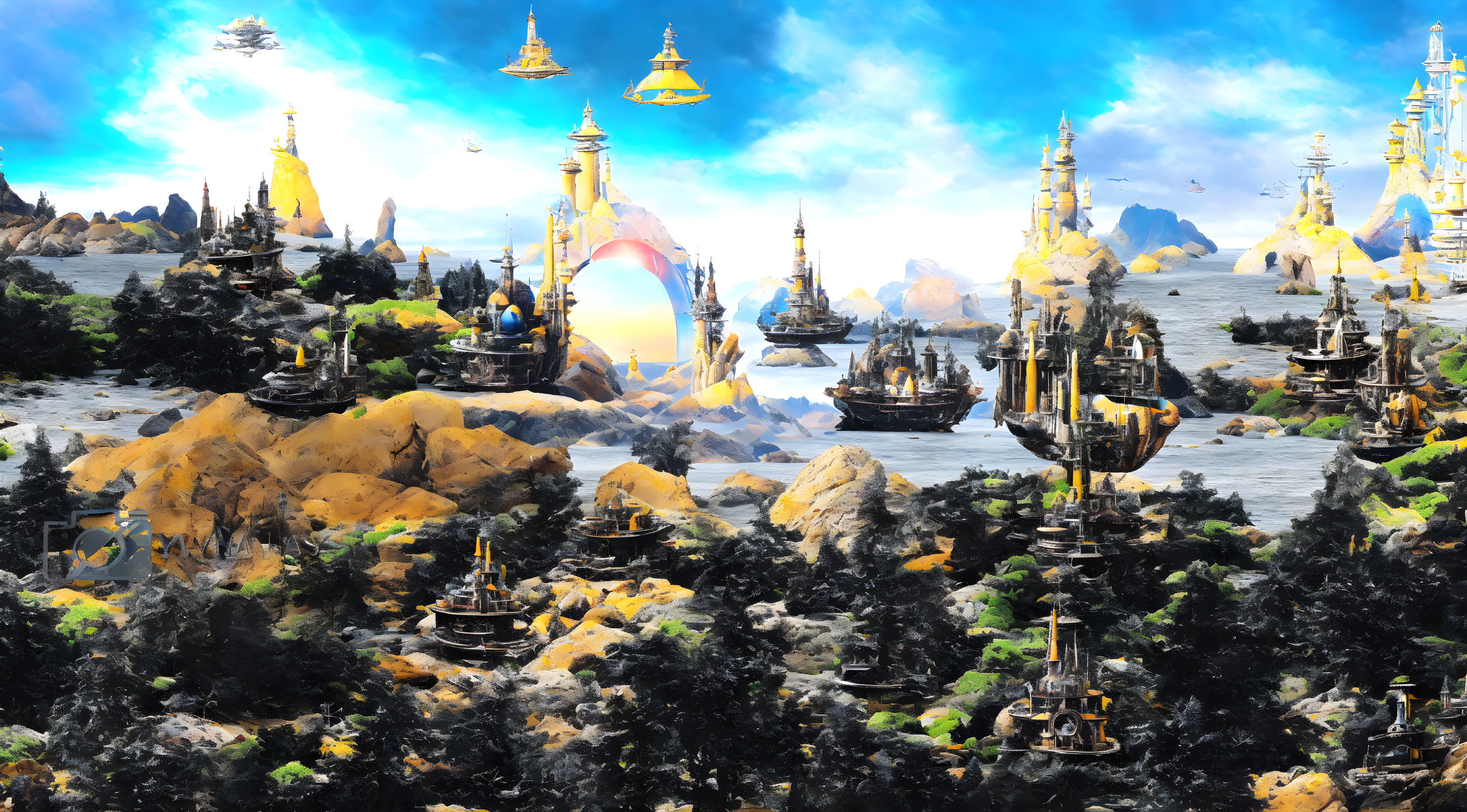 Golden mountains, ornate towers, and floating islands in a vibrant fantasy landscape