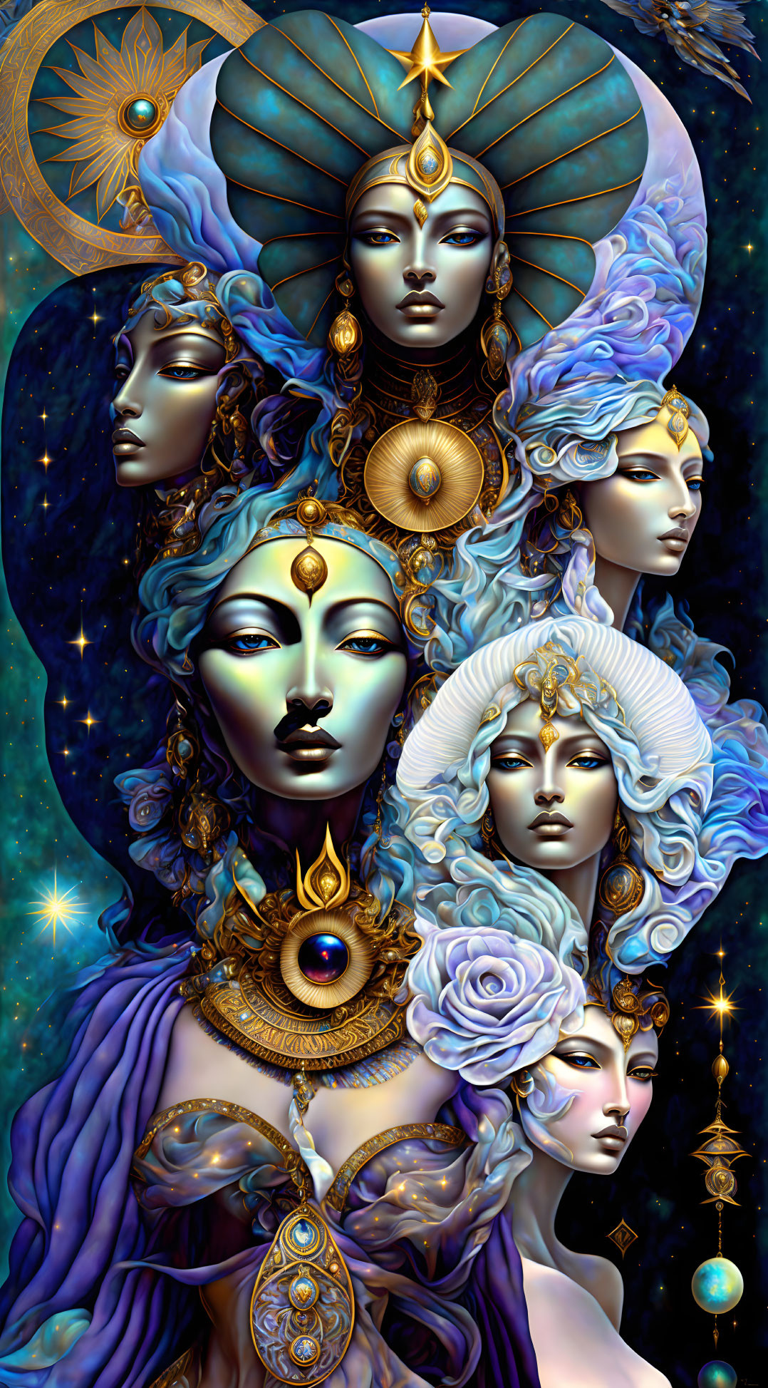 Celestial woman with serene faces and gold jewelry in cosmic setting