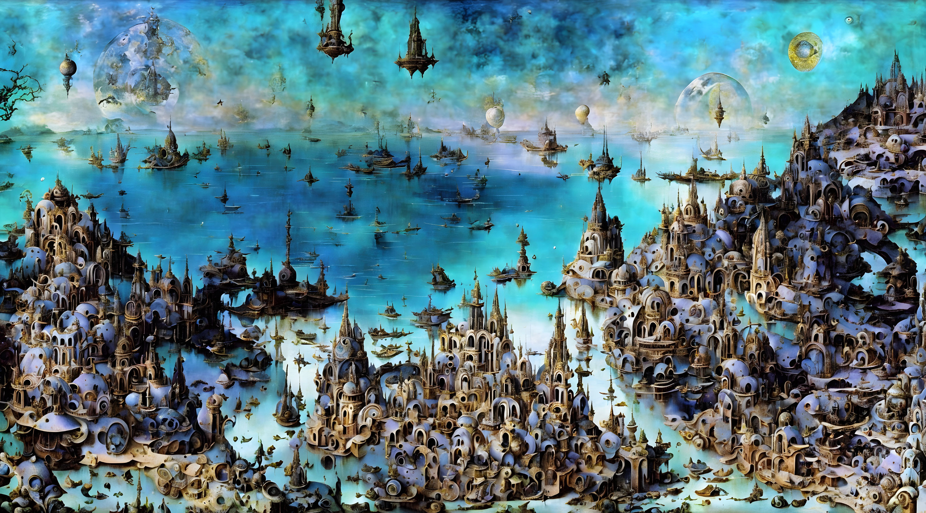 Surreal seascape with spire-topped buildings, floating islands, and ships in tranquil azure