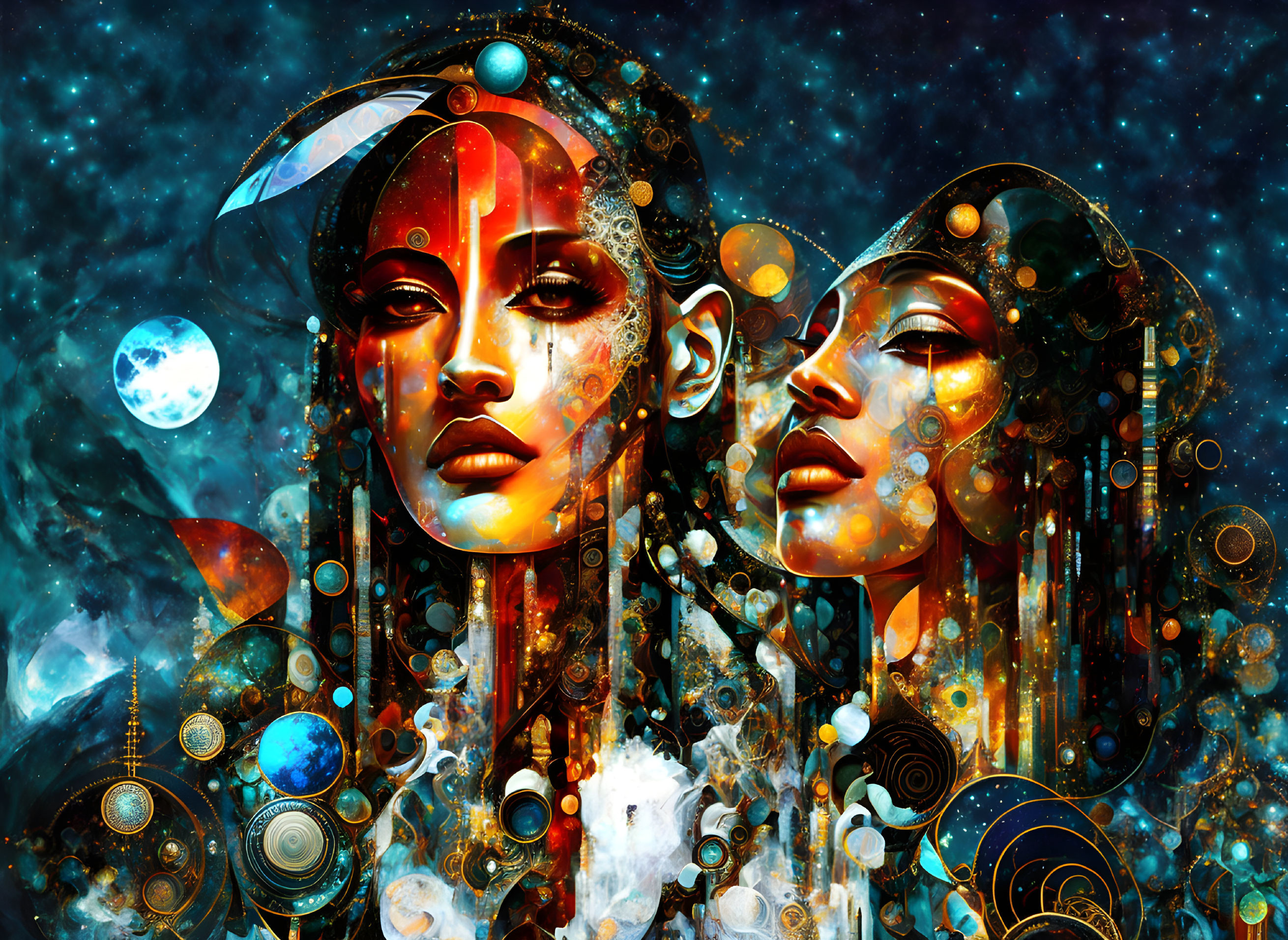 Cybernetic female figures with celestial motifs on starry background