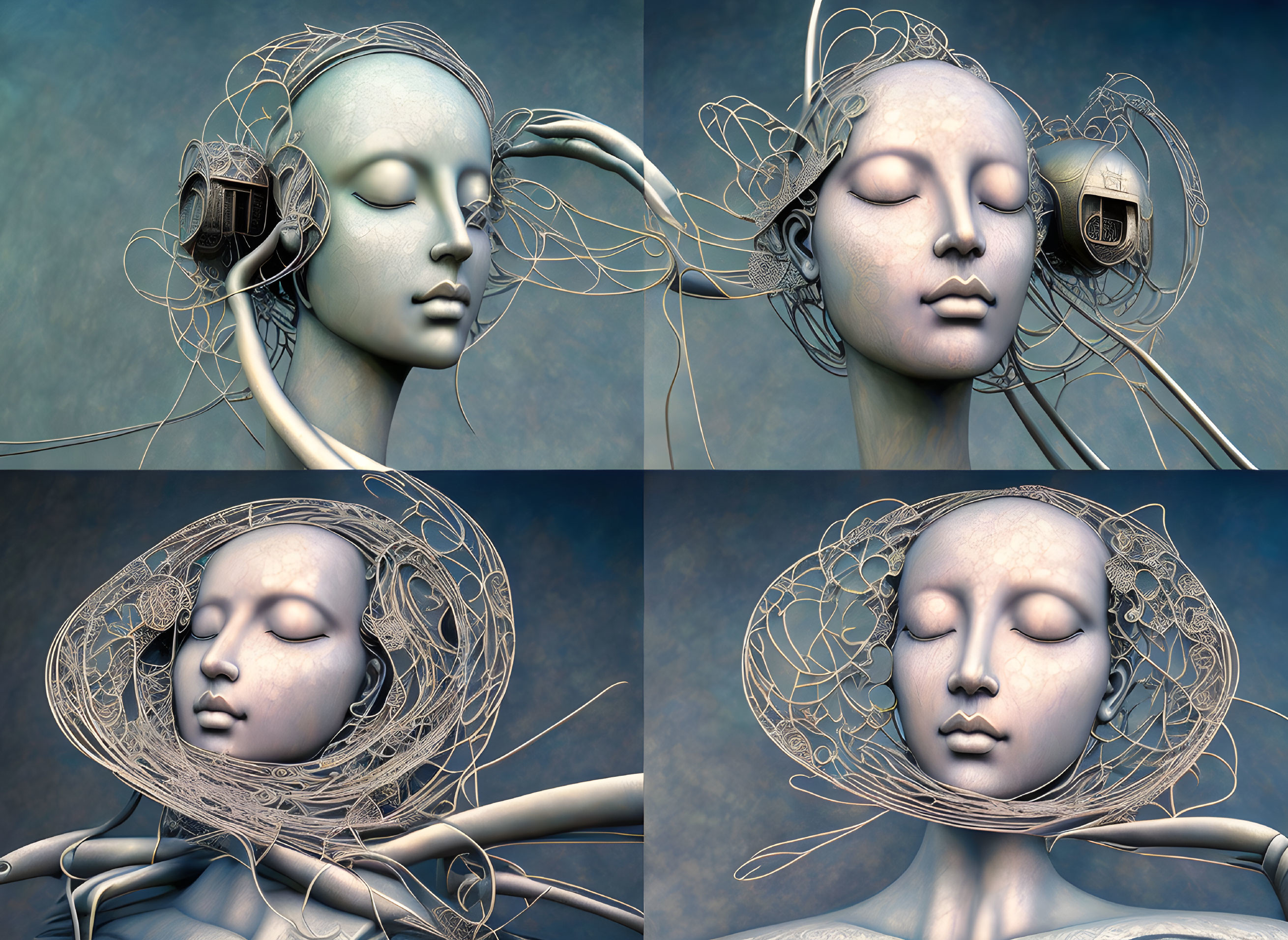 Four serene female figures with metallic wire-like structures.