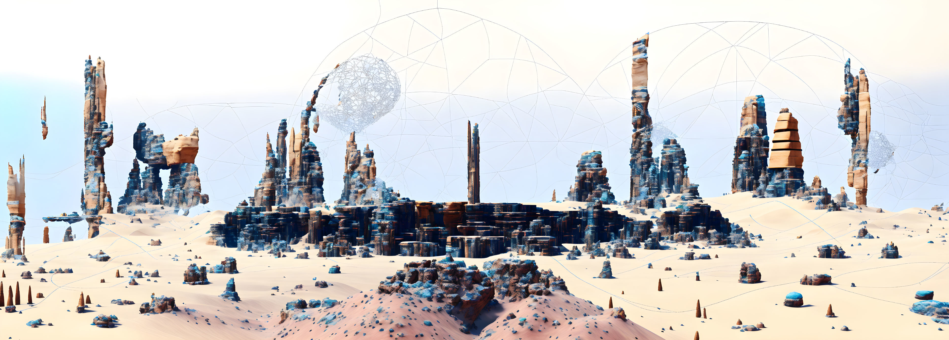 Surreal digital landscape with striped rock formations and wireframe sphere