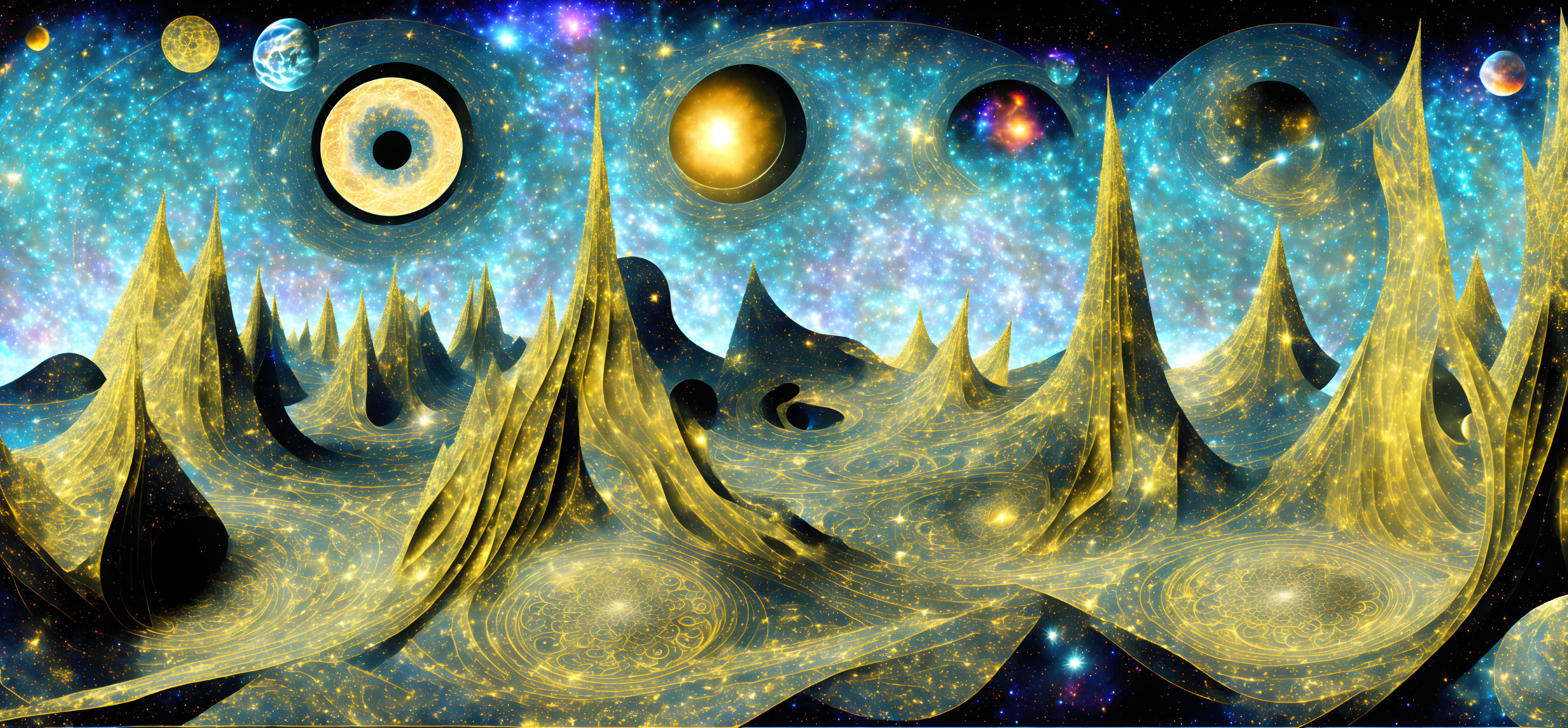 Surreal cosmic landscape with golden swirls under star-filled sky