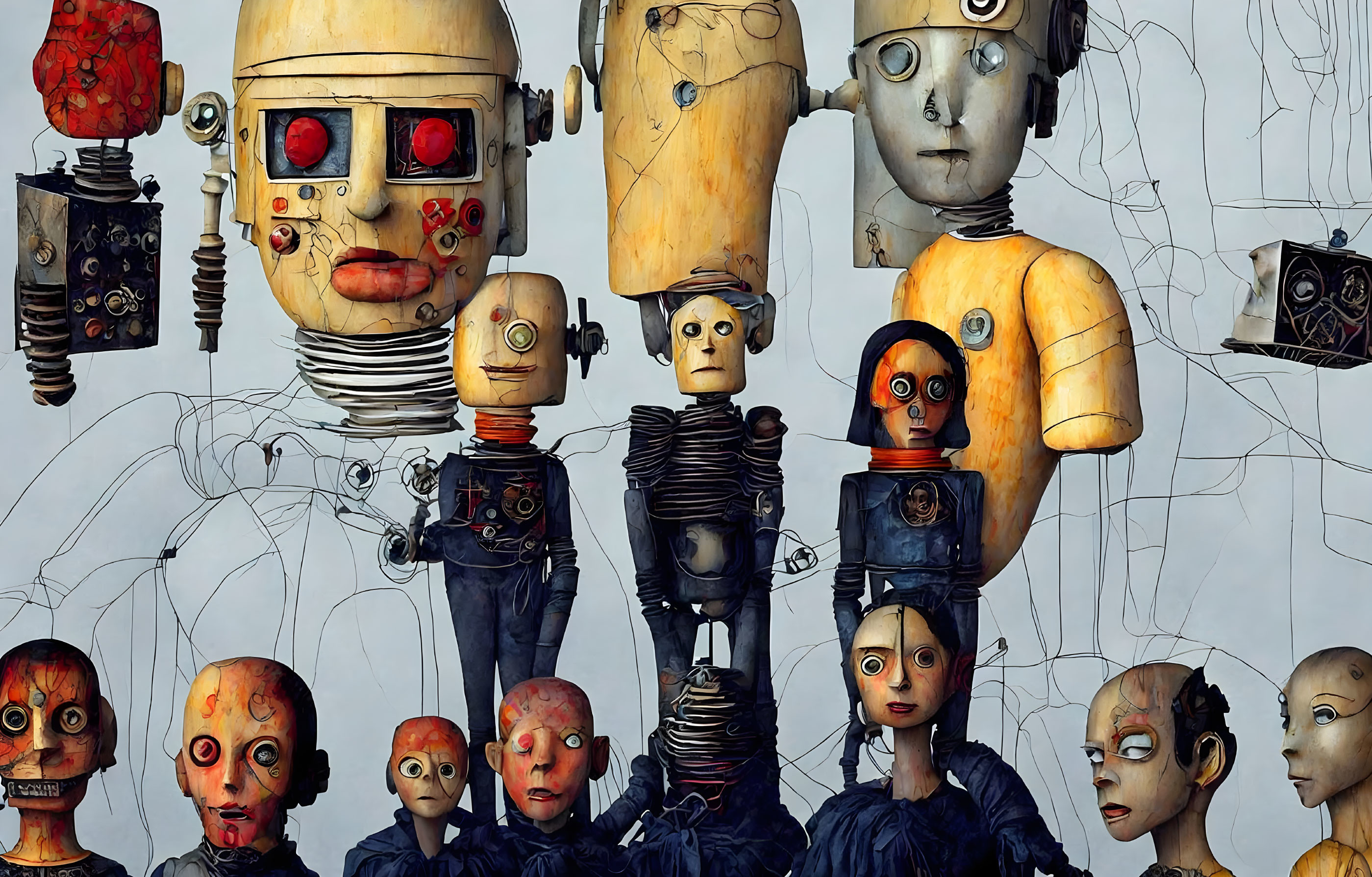 Eclectic humanoid robot sculptures with varied expressions and intricate wires on plain background