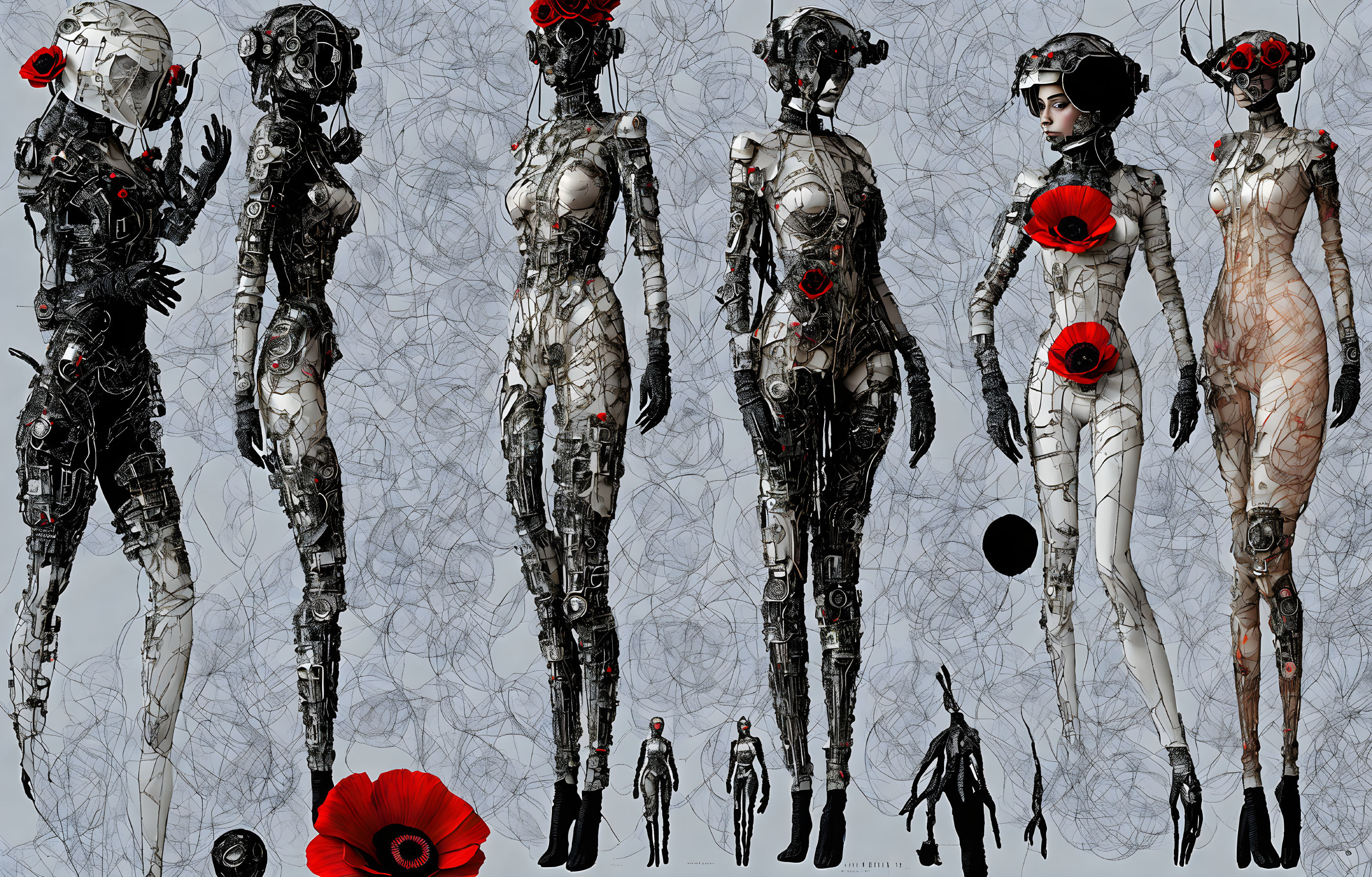 Robotic Figures with Intricate Mechanical Designs and Red Poppy Motif