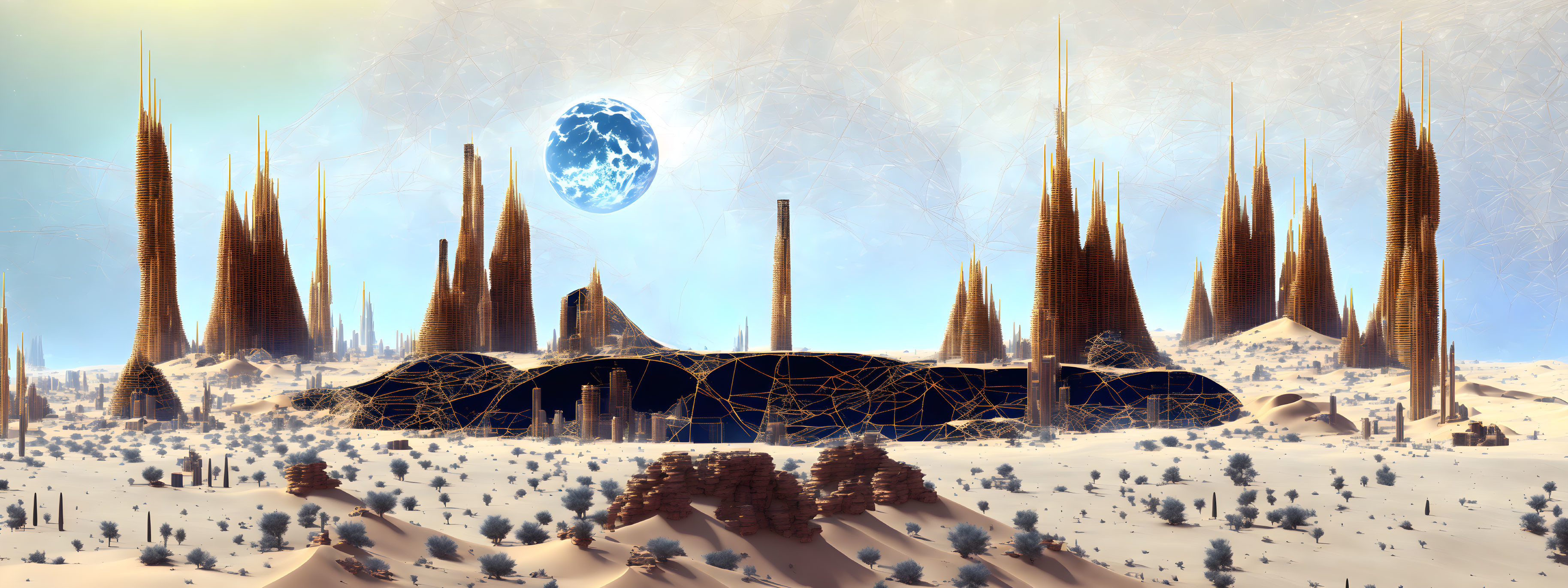 Sci-fi landscape with spire-like structures, geometric dome, and large moon on snowy terrain