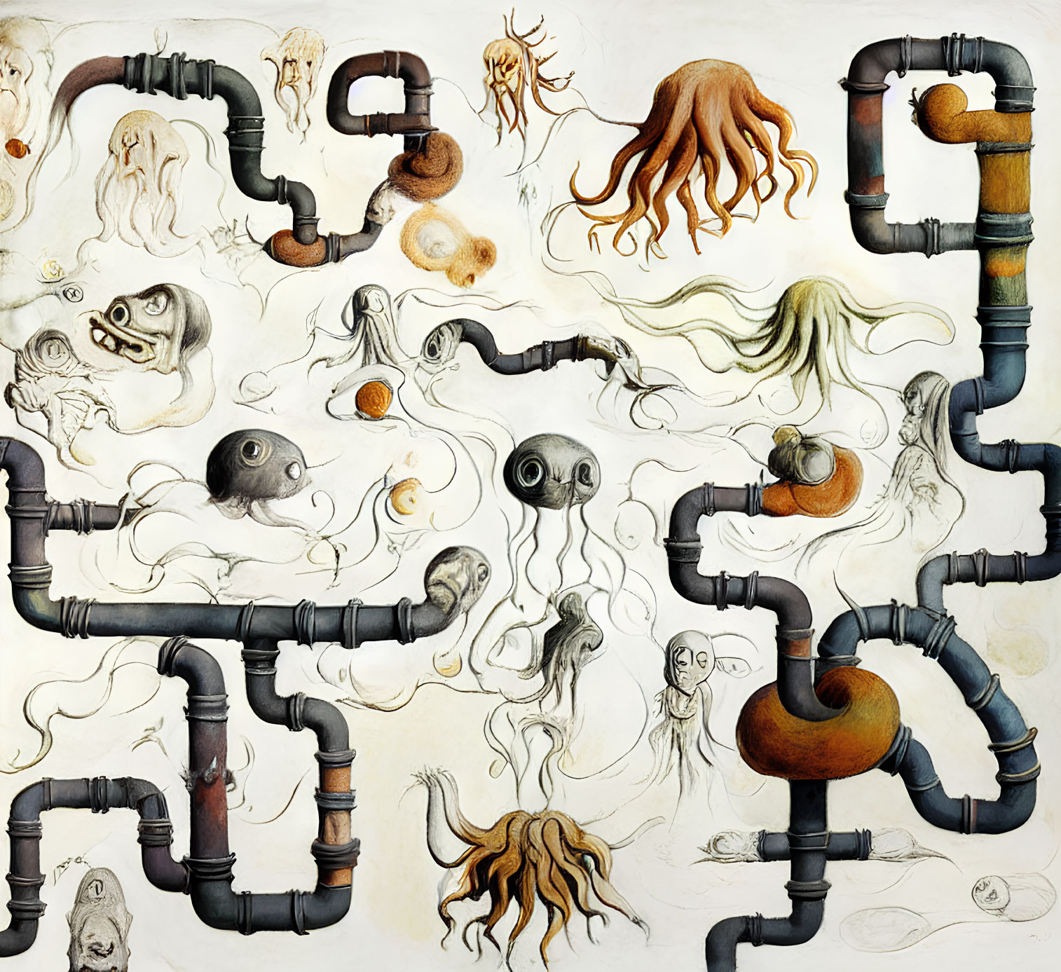 Detailed illustration of whimsical pipes with jellyfish-like creatures in surreal blend.