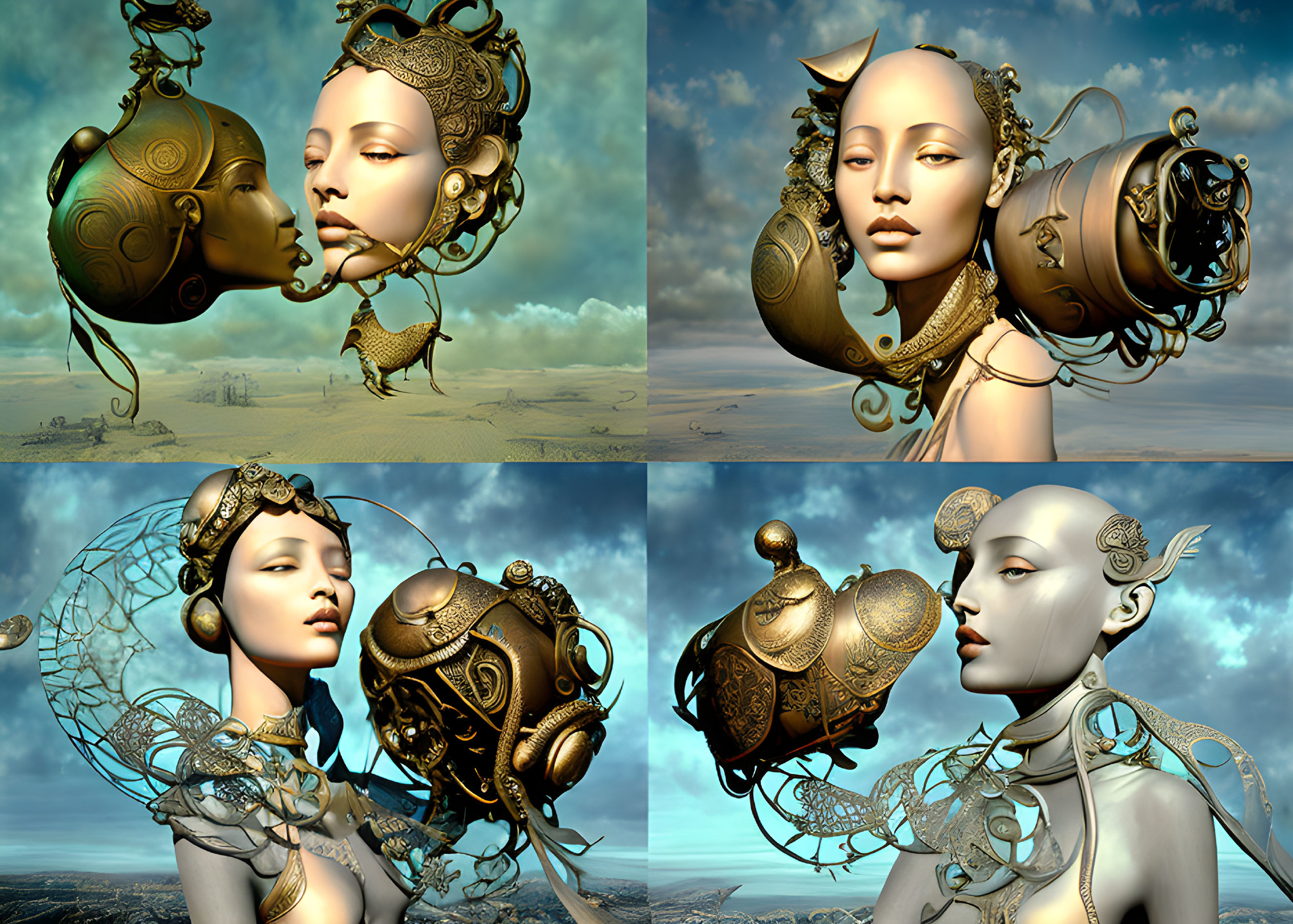 Futuristic golden female android heads with intricate mechanical details on desolate landscape.