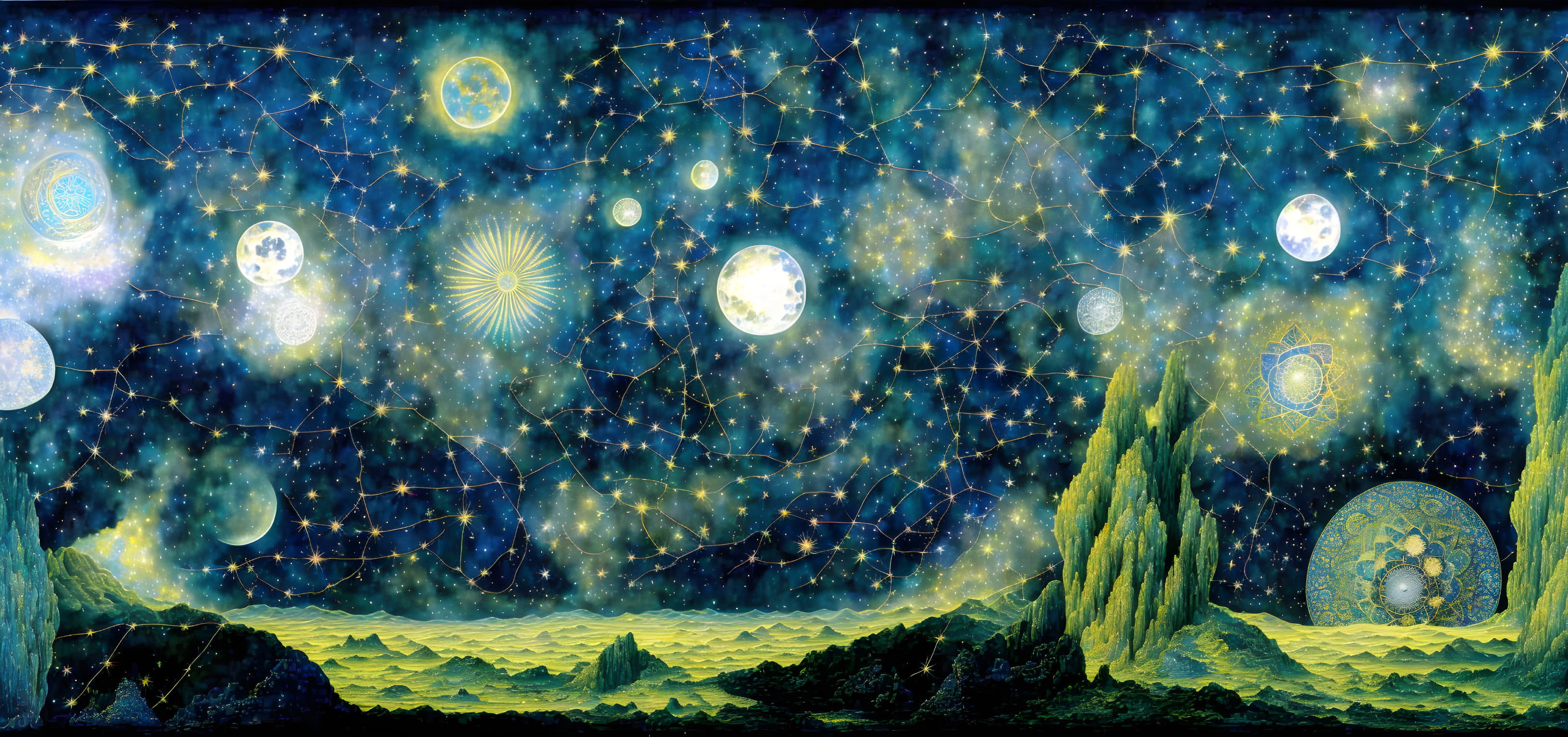 Fantasy landscape with celestial bodies, glowing orbs, and starry sky above undulating hills